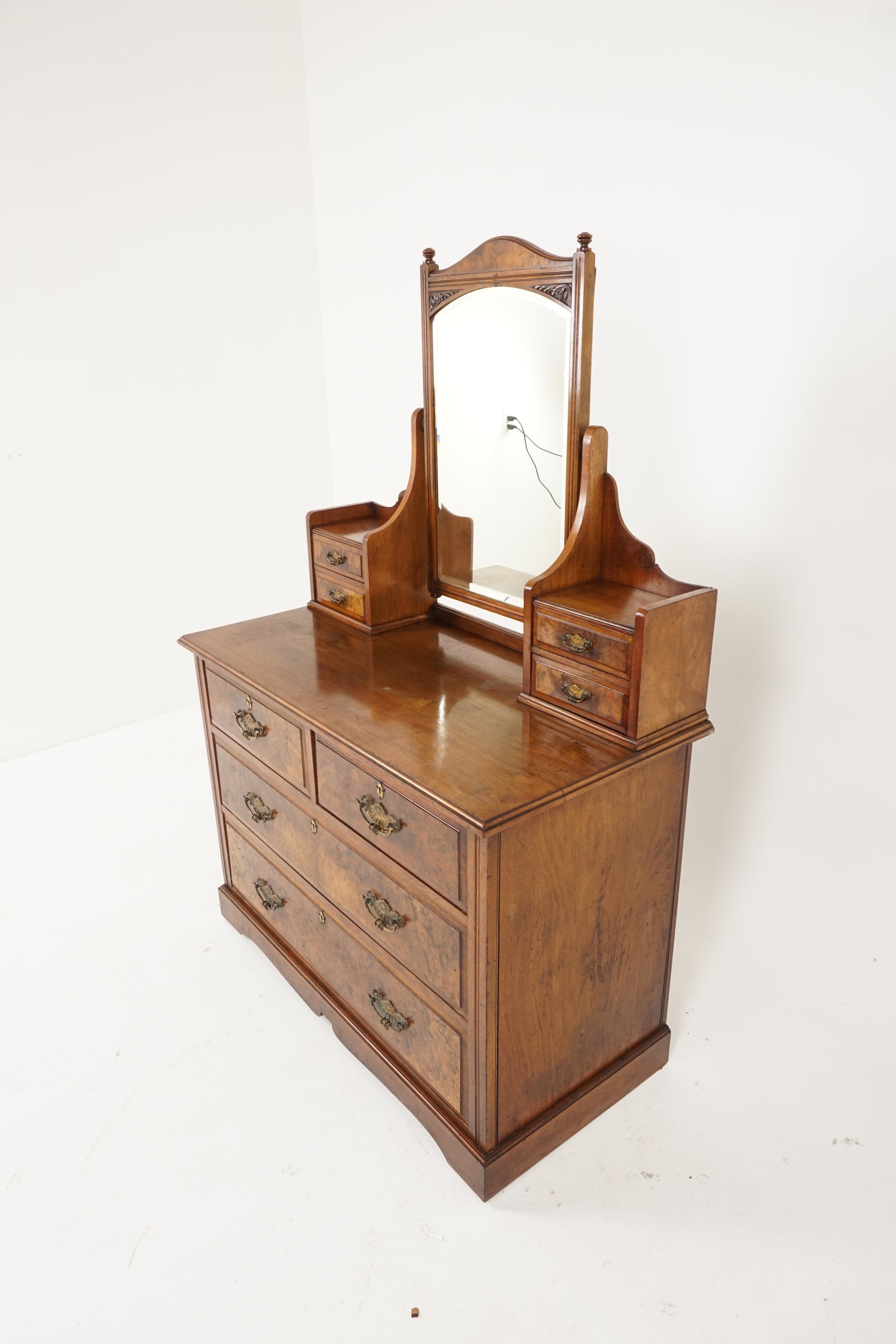 Antique burr walnut vanity, dressing chest, mirror, Scotland 1890, B2132

Scotland, 1890
Solid walnut and veneer
Original finish
Having a central beveled mirror
Four small burr walnut drawers
Below this the chest has two short drawers to the