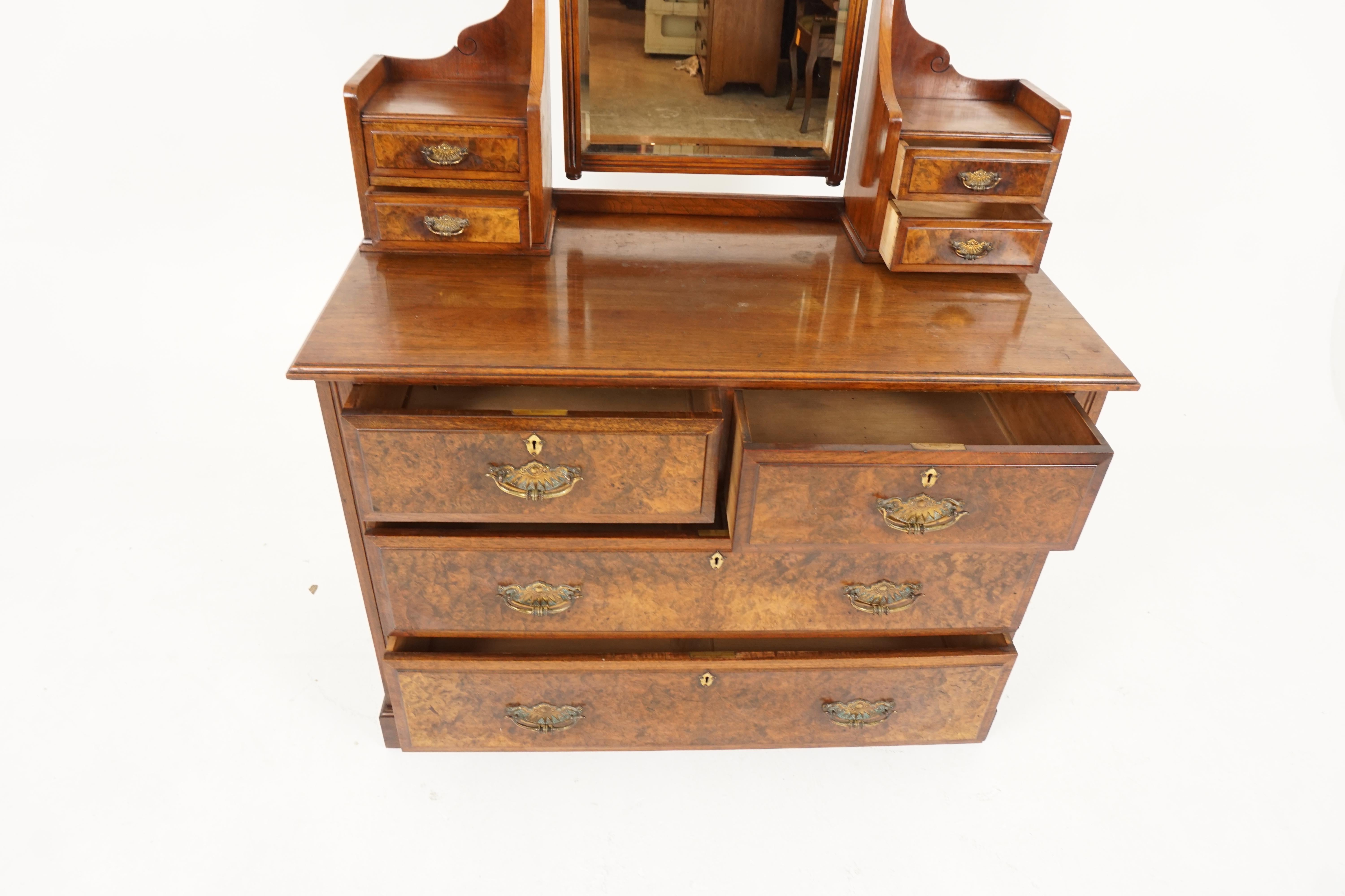 Antique Burr Walnut Vanity, Dressing Chest, Mirror, Scotland 1890, B2132 In Good Condition In Vancouver, BC