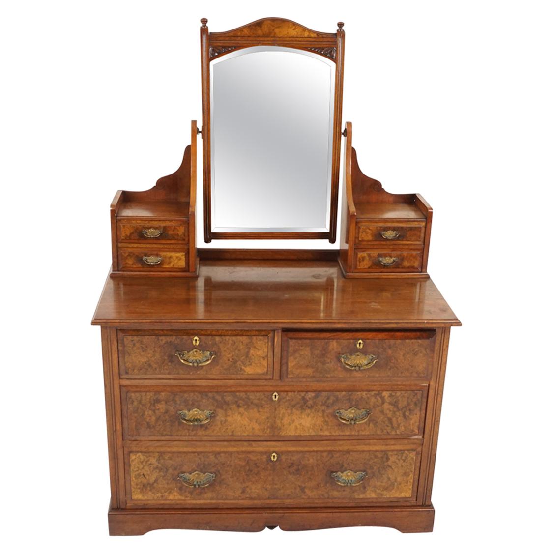 Antique Burr Walnut Vanity, Dressing Chest, Mirror, Scotland 1890, B2132