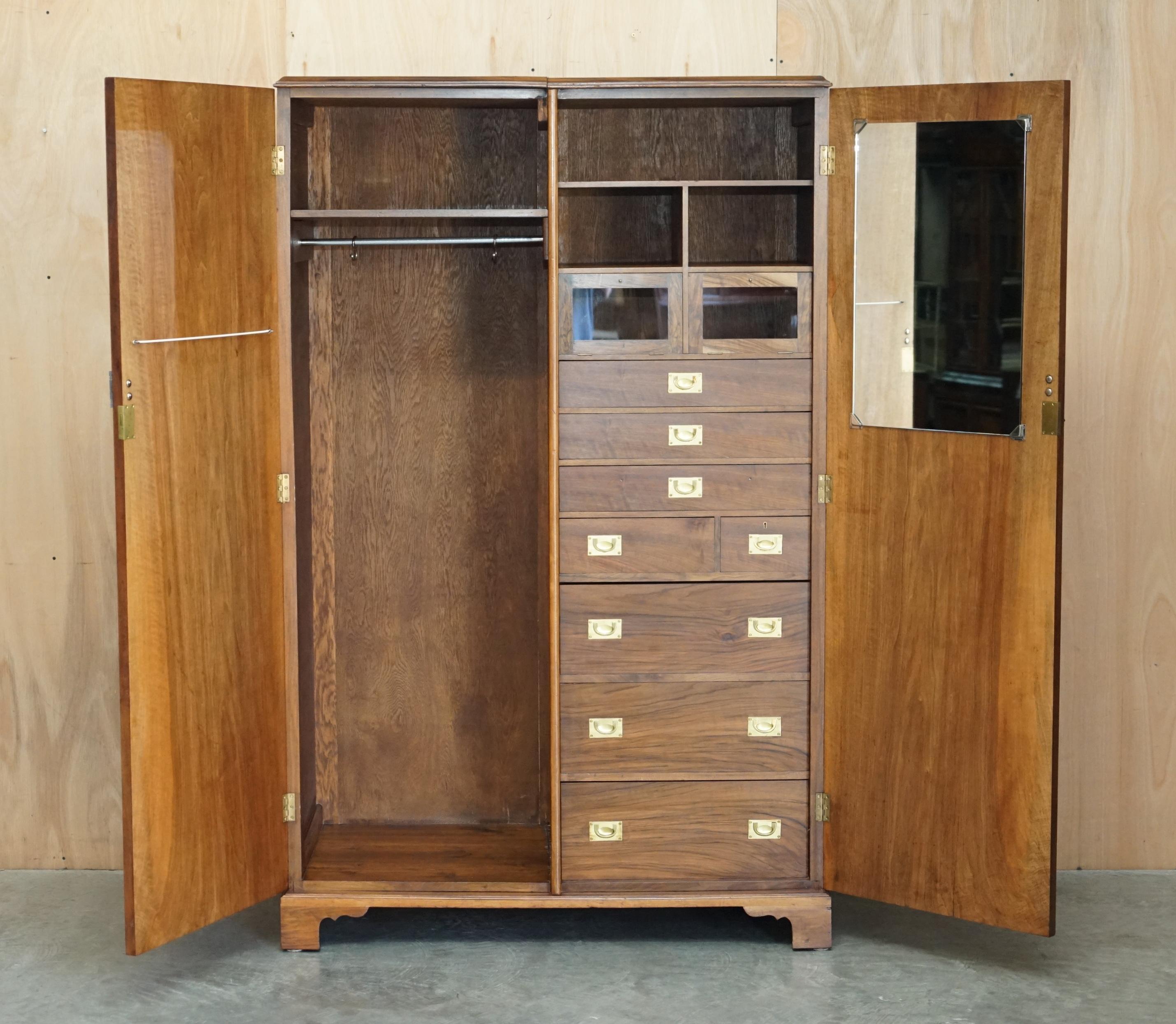 ANTIQUE BURR WALNUT WARDROBE WiTH MILITARY CAMPAIGN CHEST OF DRAWERS BUILT IN For Sale 6