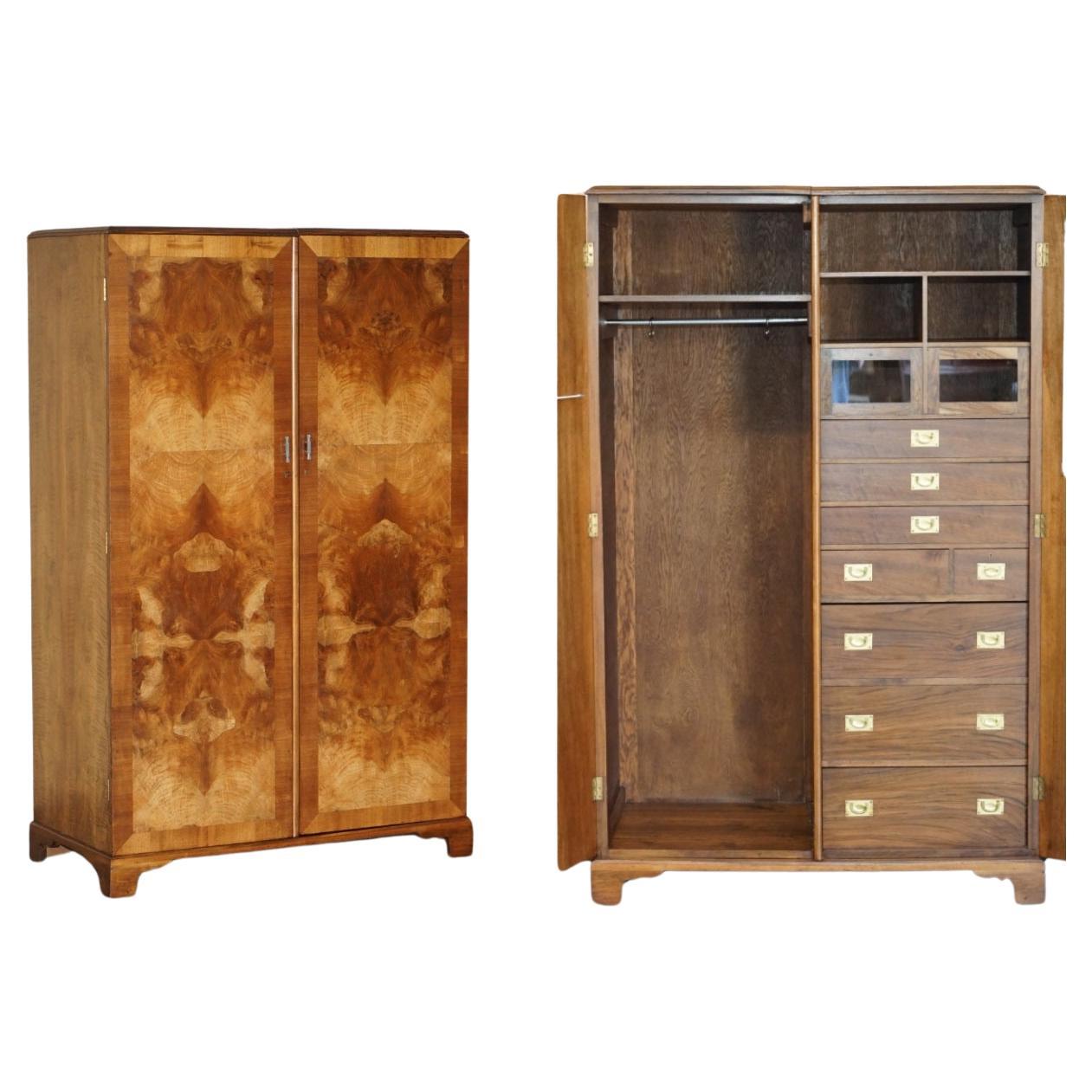 ANTIQUE BURR WALNUT WARDROBE WiTH MILITARY CAMPAIGN CHEST OF DRAWERS BUILT IN For Sale