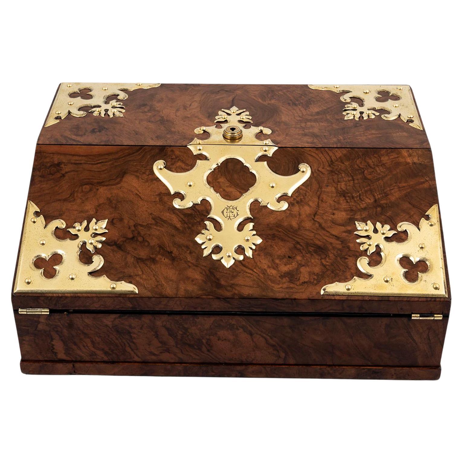 Antique Burr Walnut Writing Box by Betjemann with Rare Secret Compartment For Sale