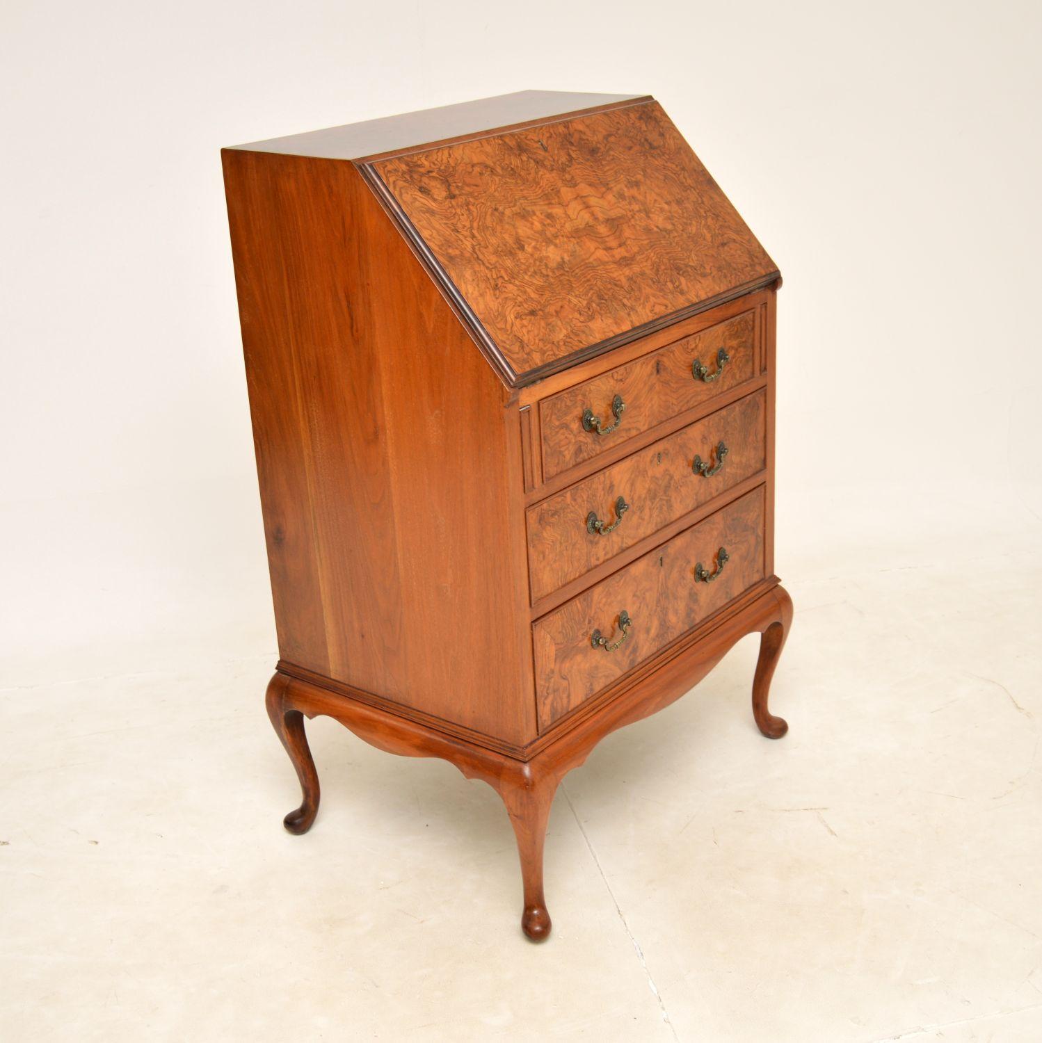 Queen Anne Antique Burr Walnut Writing Bureau by Maple & Co.