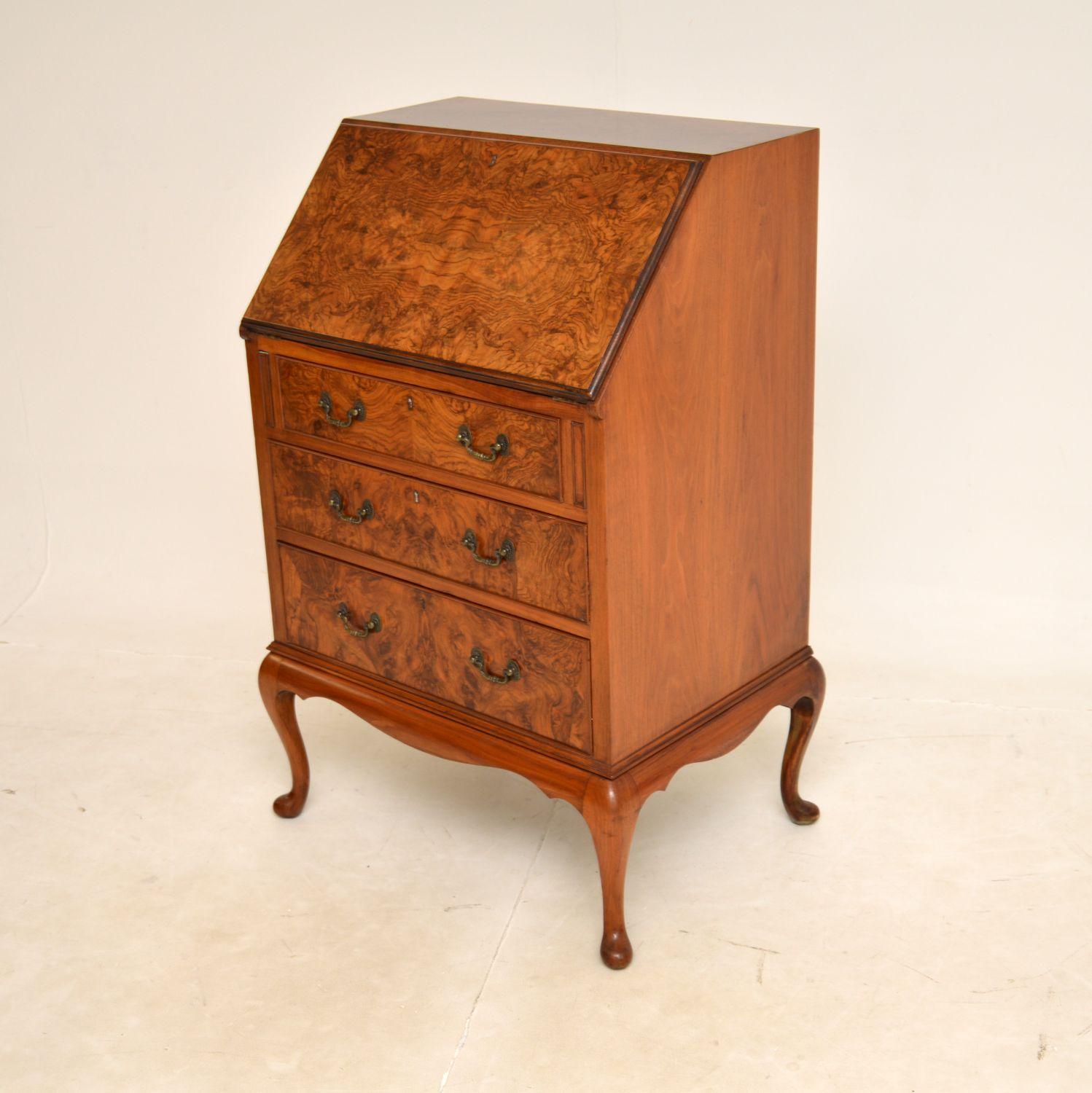 British Antique Burr Walnut Writing Bureau by Maple & Co.