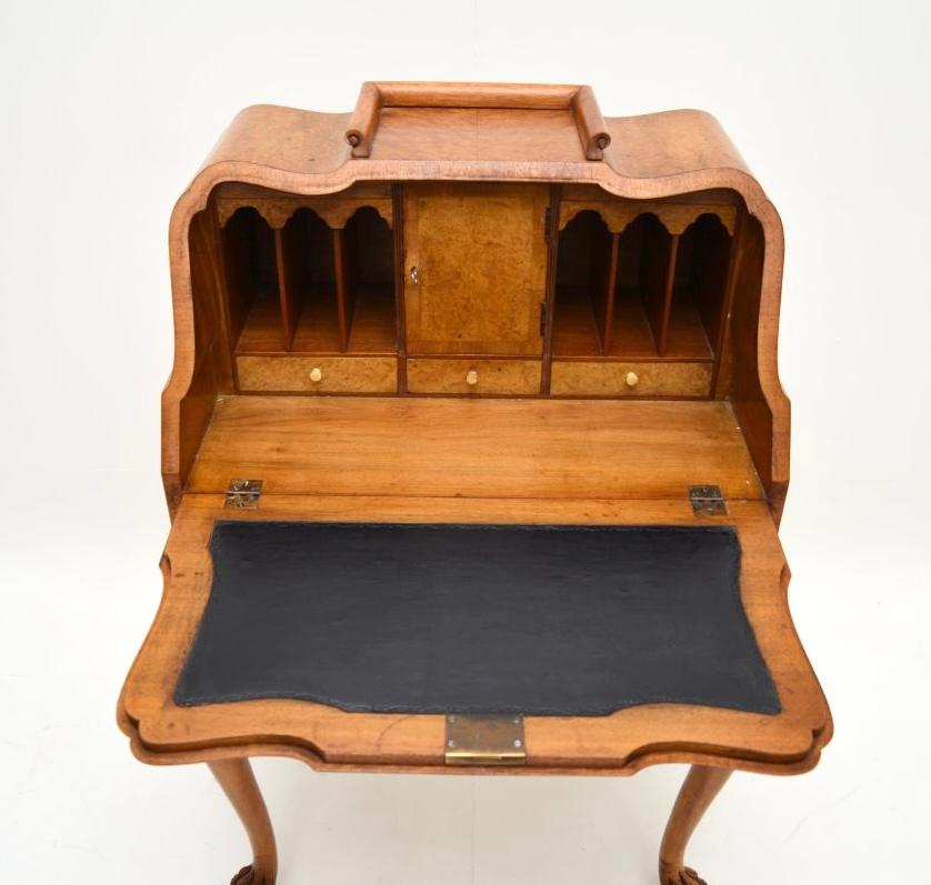 Queen Anne Antique Burr Walnut Writing Bureau For Sale