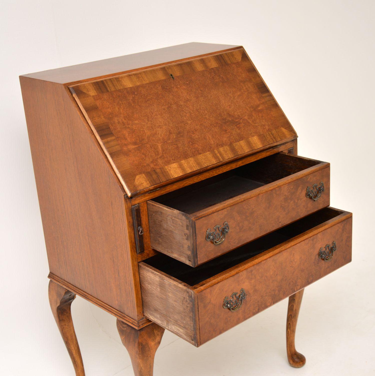 English Antique Burr Walnut Writing Bureau