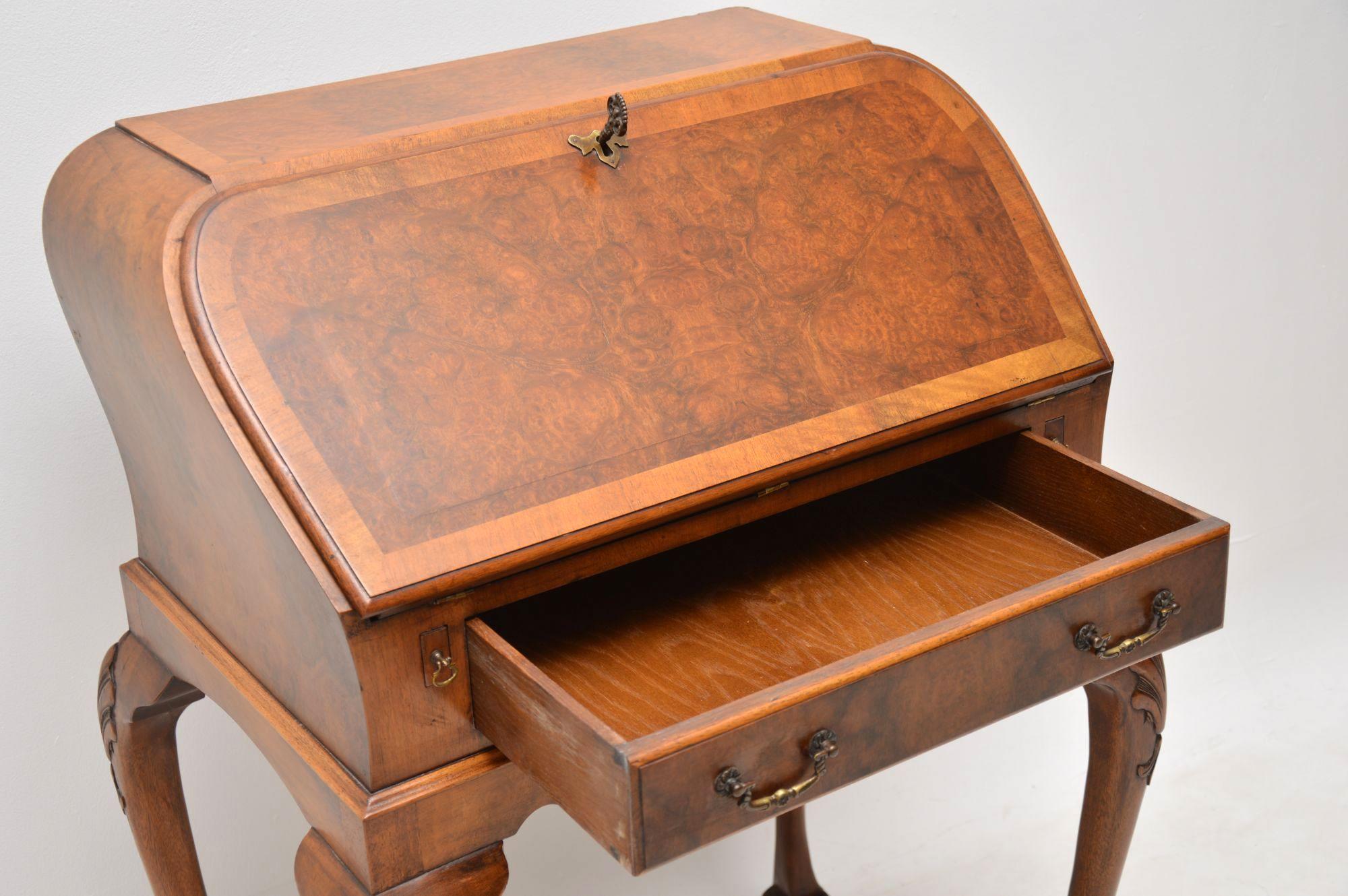 English Antique Burr Walnut Writing Bureau on Legs