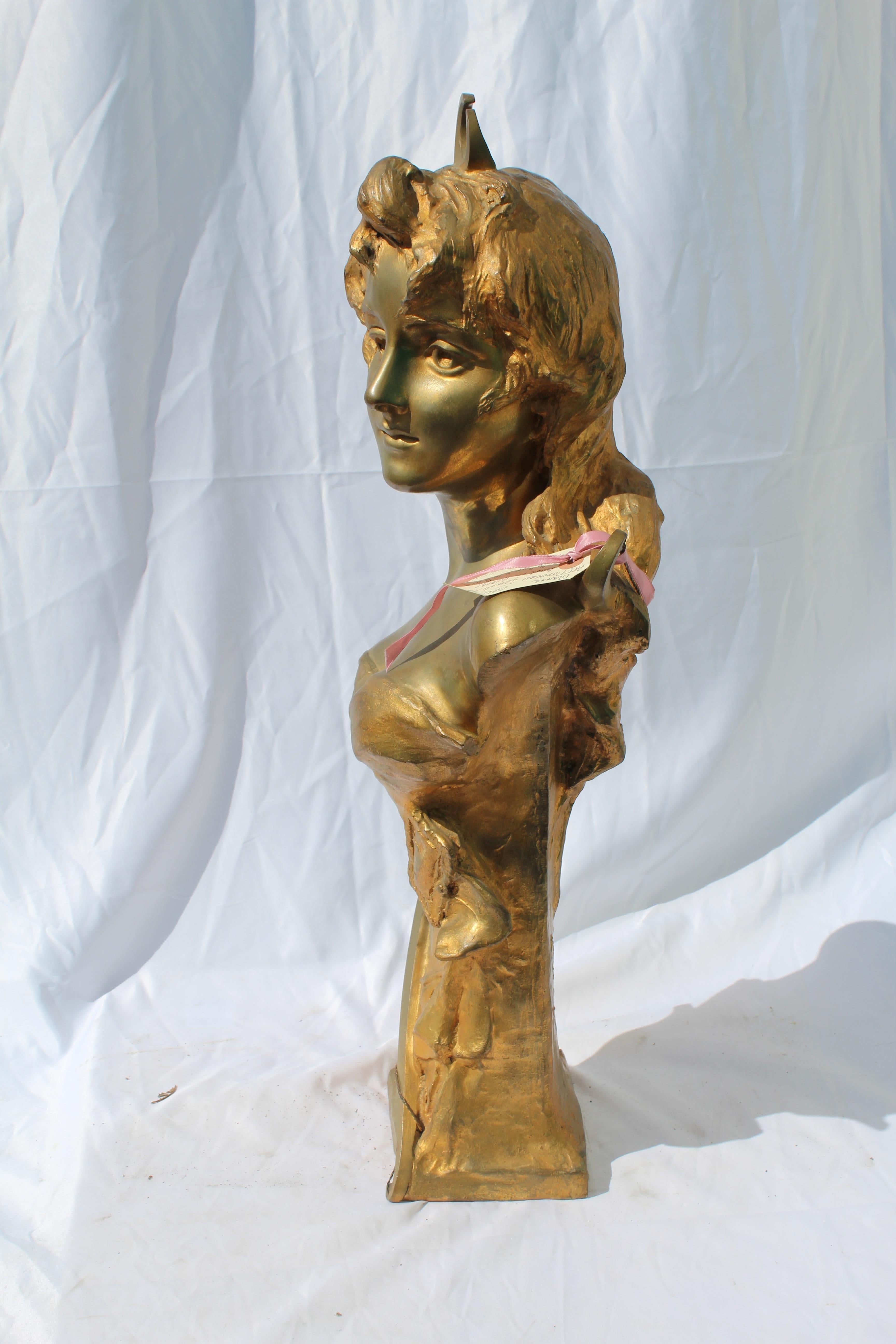 Bronze Antique Bust Ladies Face Gold, by Van Der Straten, Rare Large, Dianna