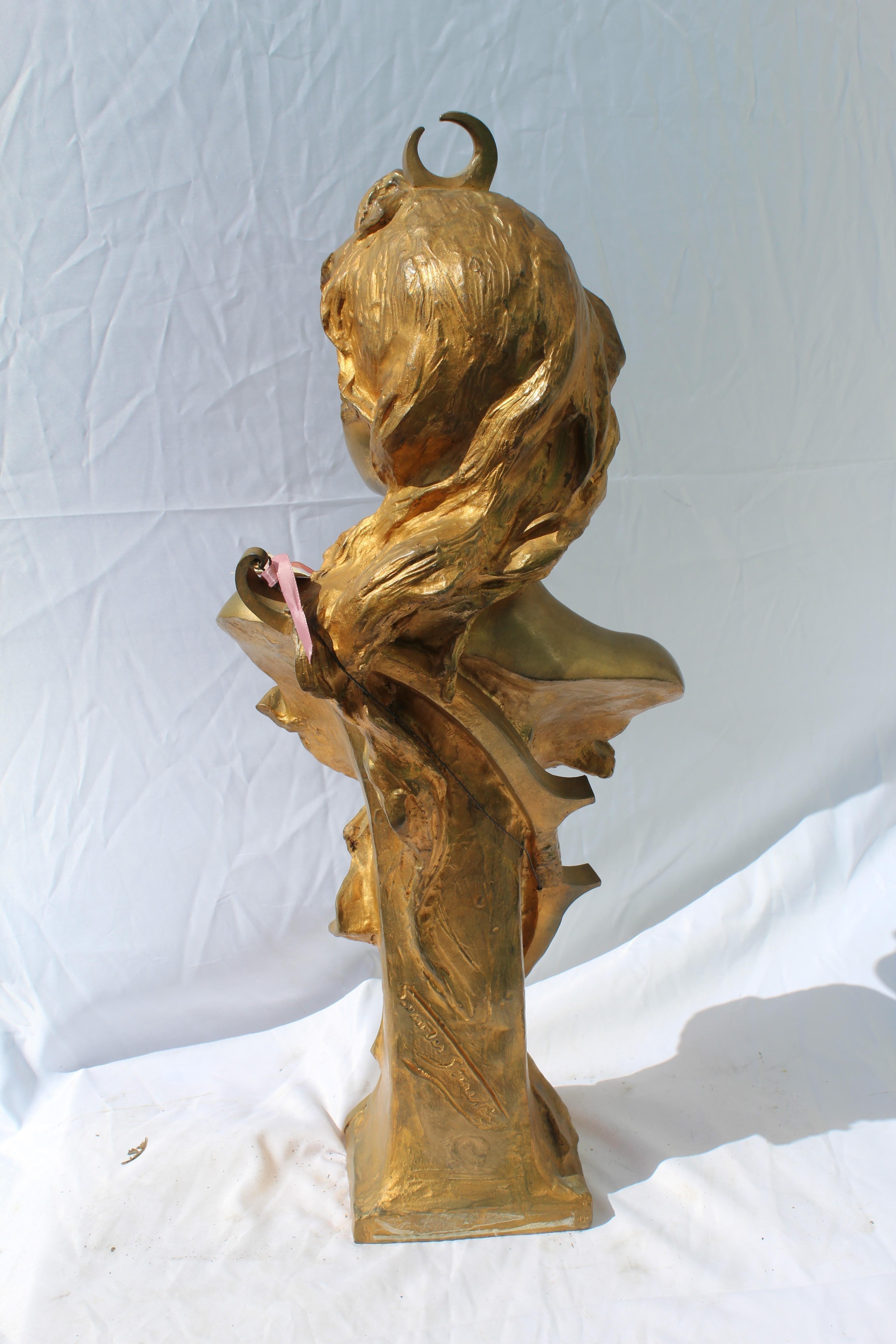 Cast Antique Bust Ladies Face Gold, by Van Der Straten, Rare Large, Dianna