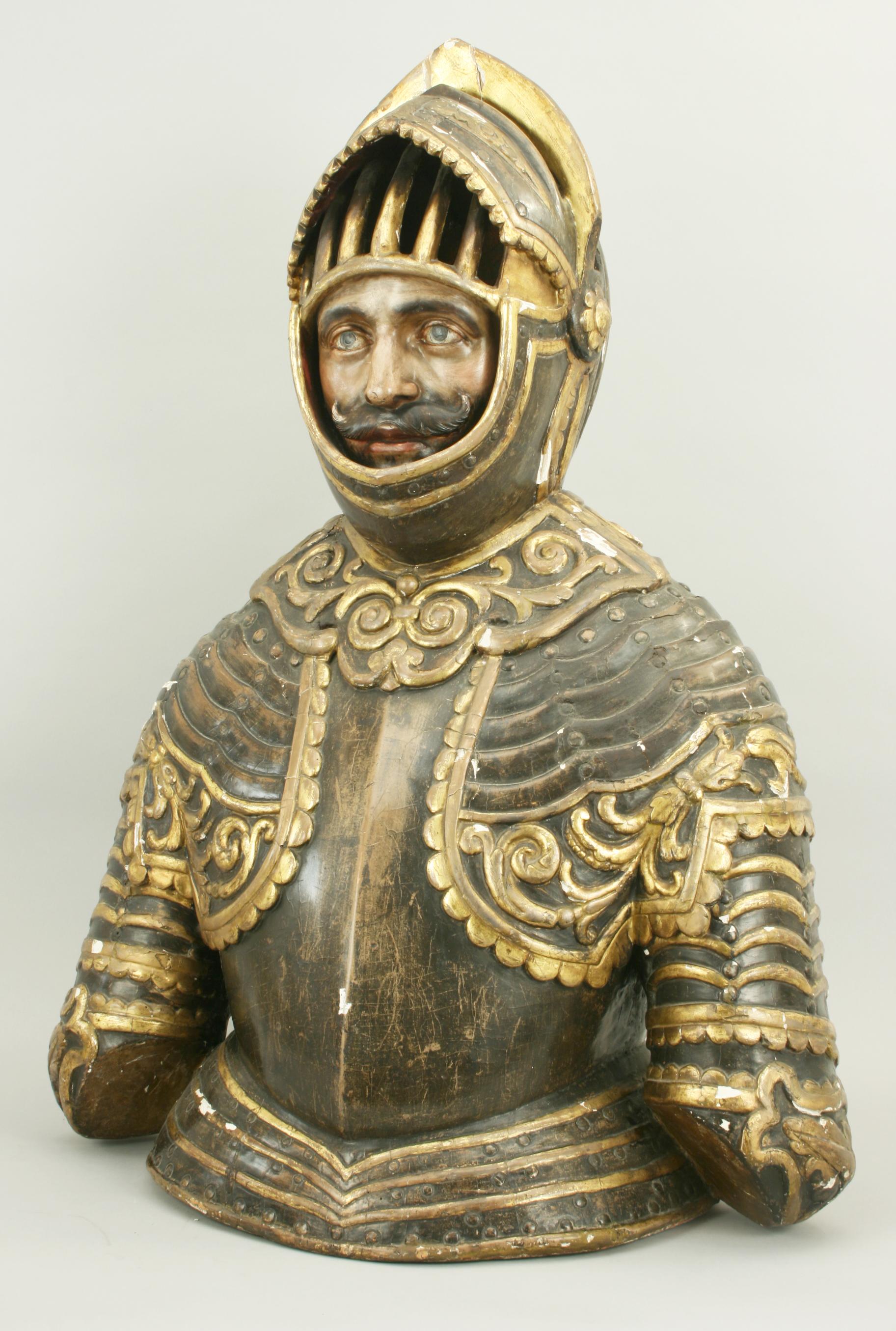 Antike antike Büste eines spanischen Ritters, handgeschnitzt mit Original-Gesso und Farbe (Kiefernholz) im Angebot
