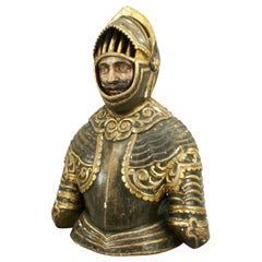 Buste ancien d'un chevalier espagnol, sculpté à la main avec gesso et peinture d'origine