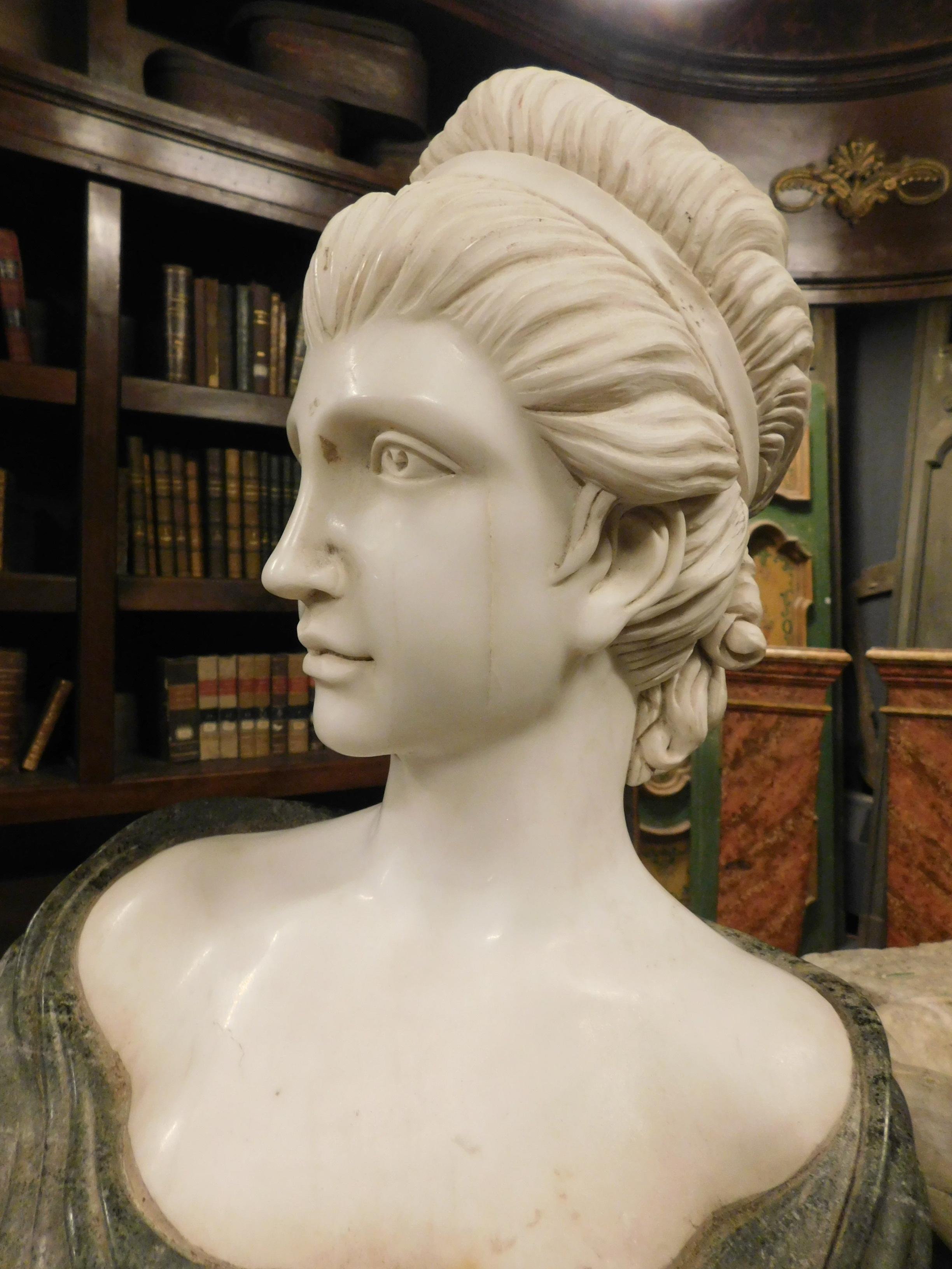 Antique Bust of a Woman Carved in White and Green Marble, 19th Century Italy 5