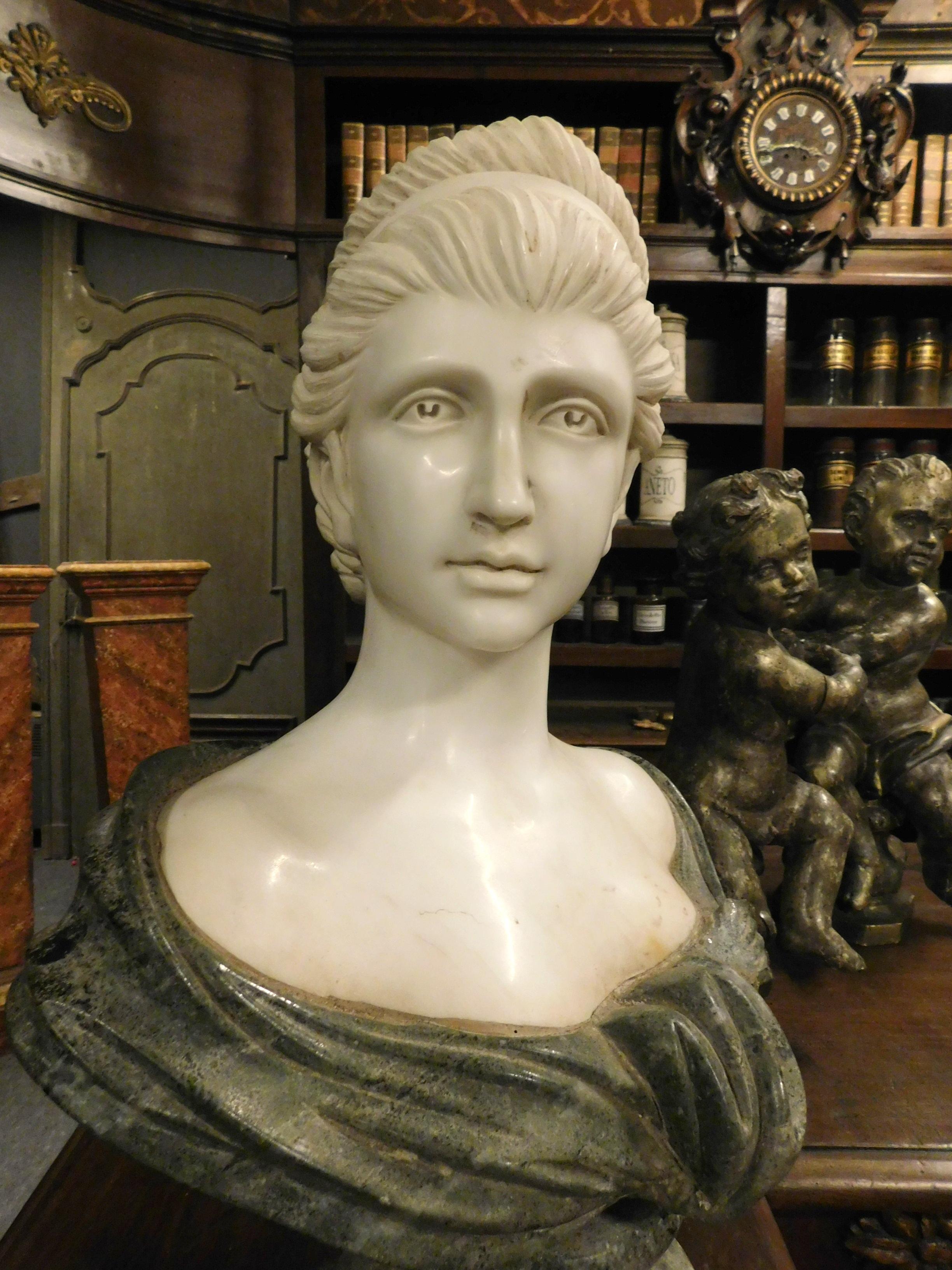 Antique Bust of a Woman Carved in White and Green Marble, 19th Century Italy 1