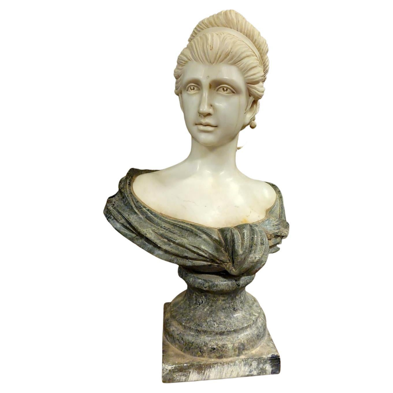 Antique Bust of a Woman Carved in White and Green Marble, 19th Century Italy