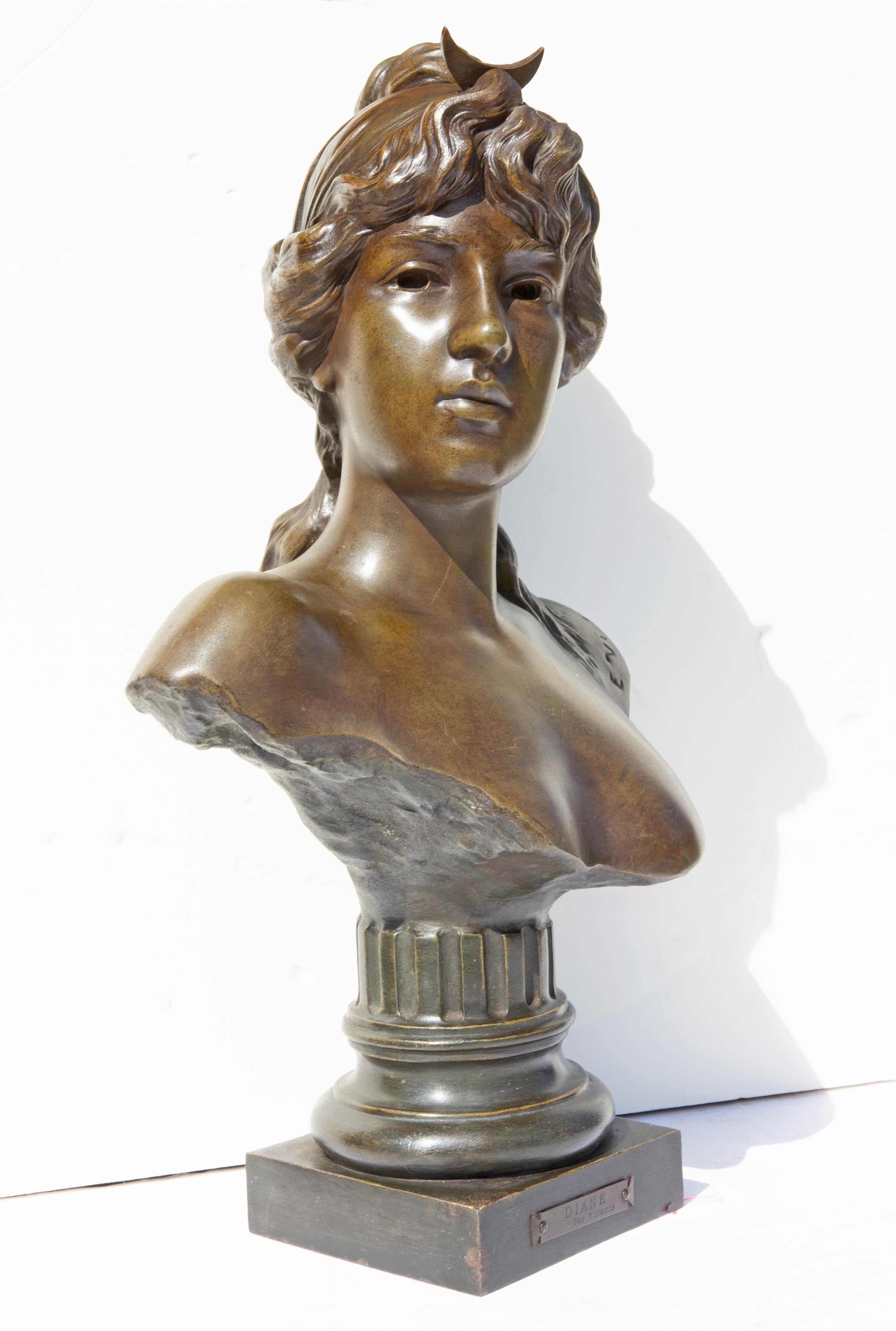 Art Nouveau sculpture of the goddess Diana by Emmanuel Villanis, 19th century. Patinated spelter.