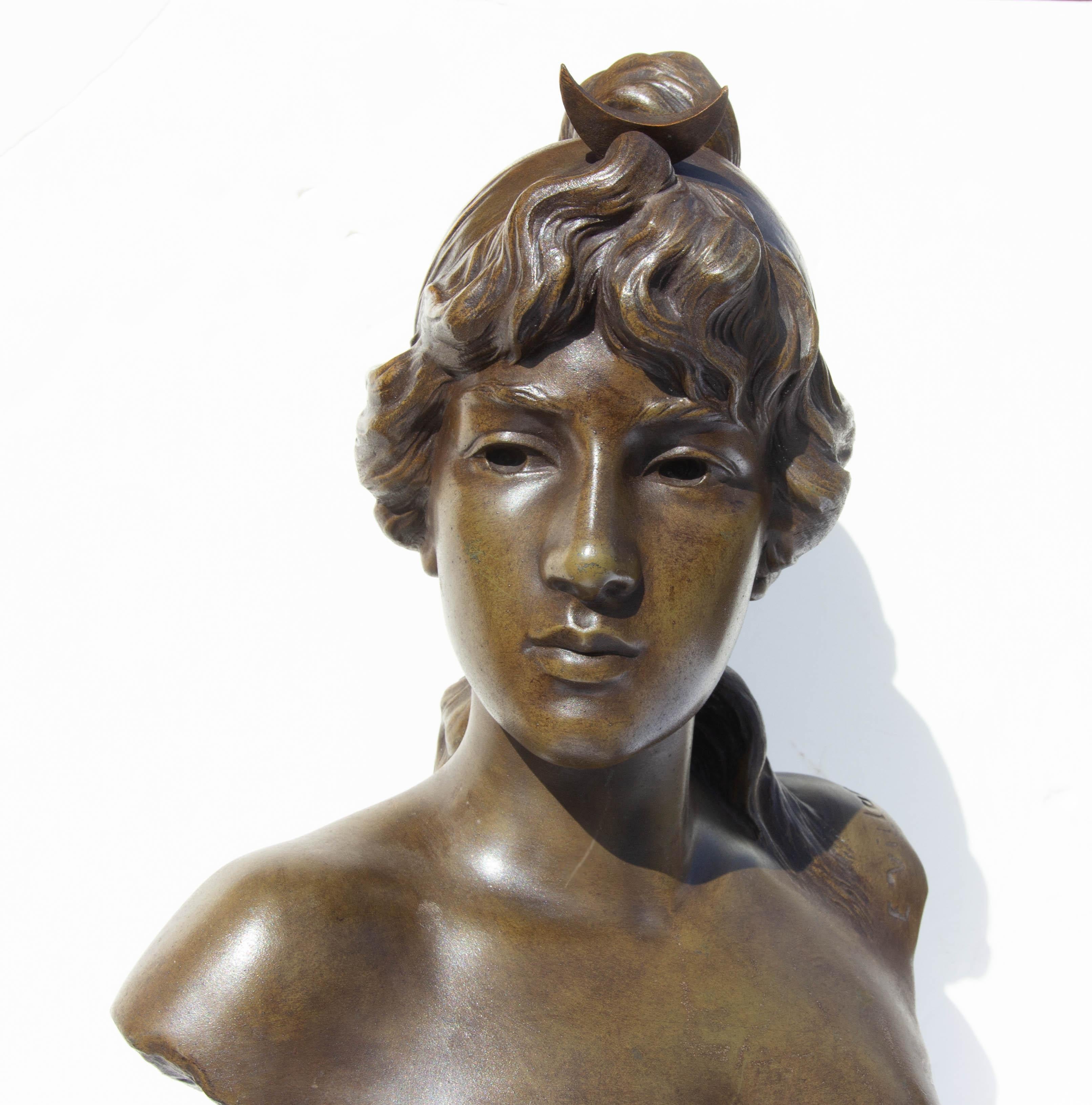 Art Nouveau Antique Bust of Diana by Emmanuel Villanis