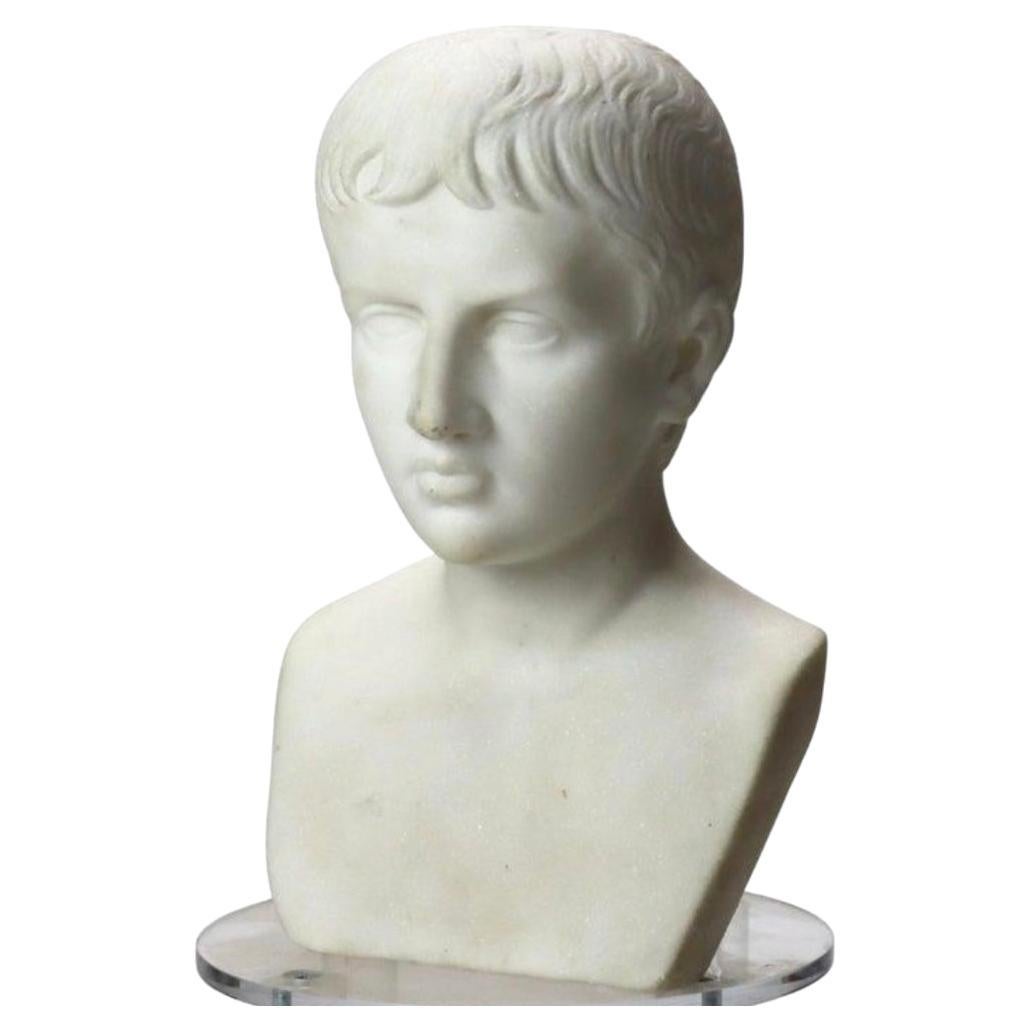 Antico busto in marmo di Carrera intagliato del giovane Napoleone in posa da Cesare, CIRCA 1880. Un antico busto di Napoleone finemente scolpito, realizzato in marmo di Carrera intorno al 1880. Questo pezzo cattura il volto giovanile di Napoleone