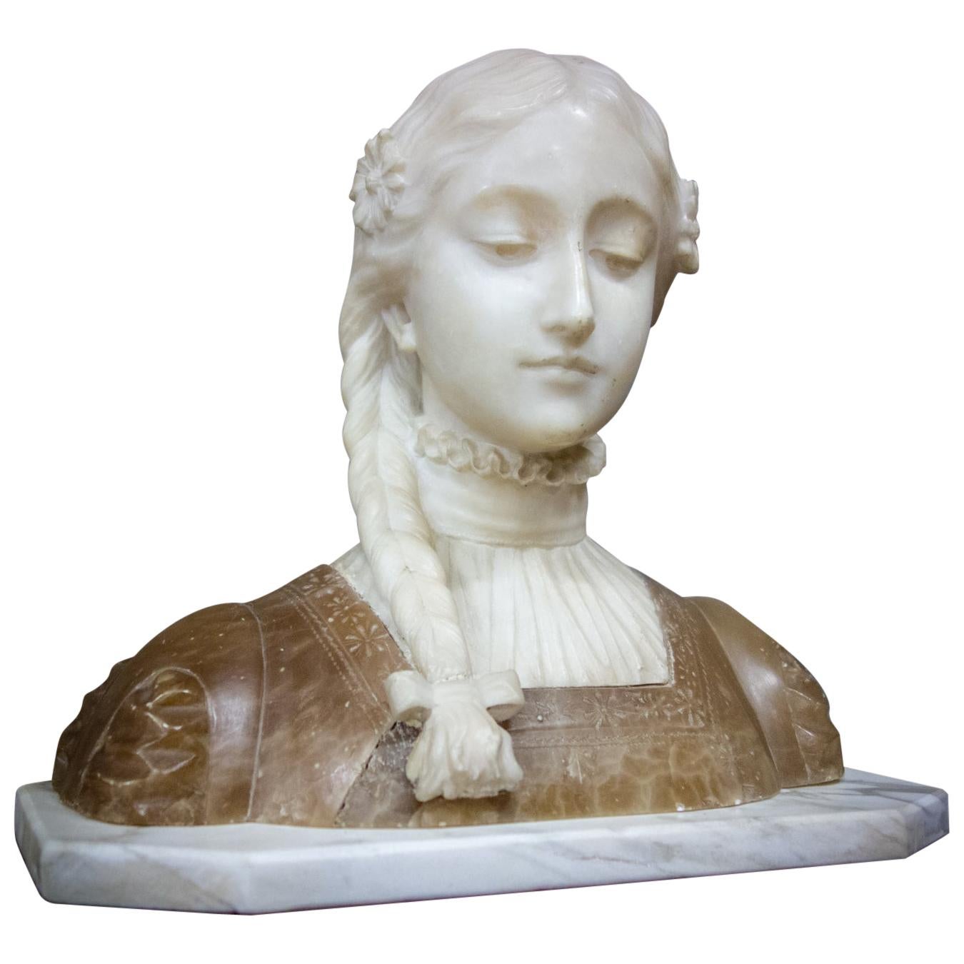 Antique Bust Sculpture of Lady, Marble / Alabaster, France, 1880 For Sale