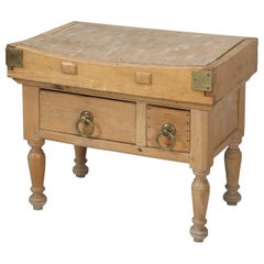 Used Butcher Block Kitchen Island Constructed of Maple Brass Hardware, 1920s