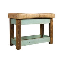 Antique Butcher's Block:: English:: Beech:: Teak:: Work Table:: Kitchen Island:: 1900