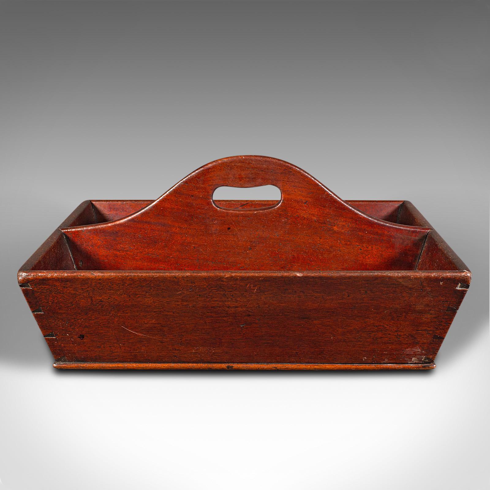 This is an antique butler's duties trug. An English, mahogany two division cutlery tray, dating to the Georgian period, circa 1800.

Fine example of practical Georgian craftsmanship with appealing colour
Displays a desirable aged patina and in good