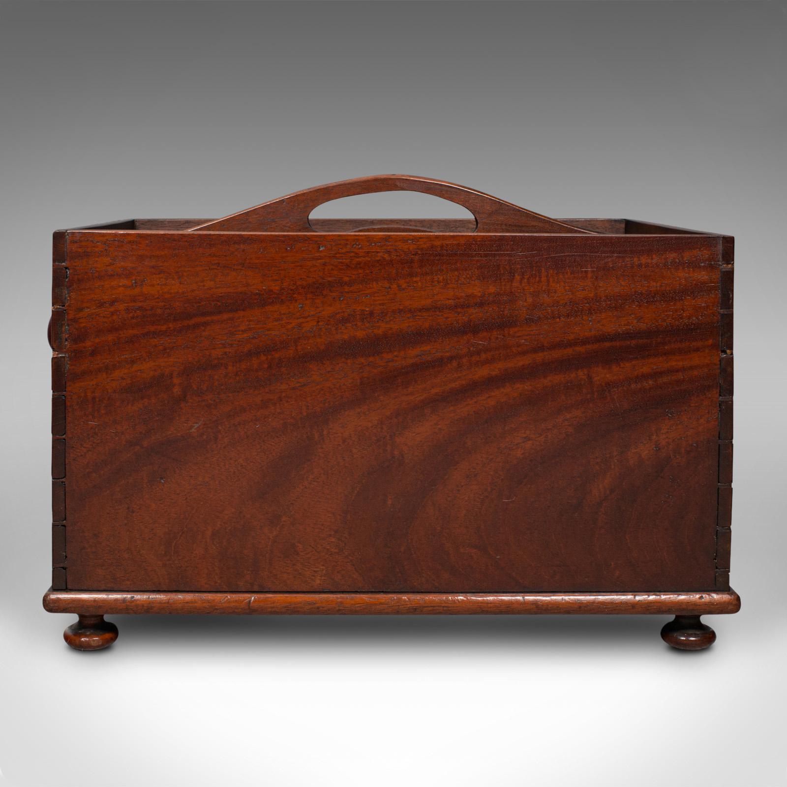 This is an antique butler's silver carry tray. An English, mahogany newspaper rack or work box, dating to the early Victorian period, circa 1850.

Attractive carry with a pair of generous compartments
Displaying a desirable aged patina and in