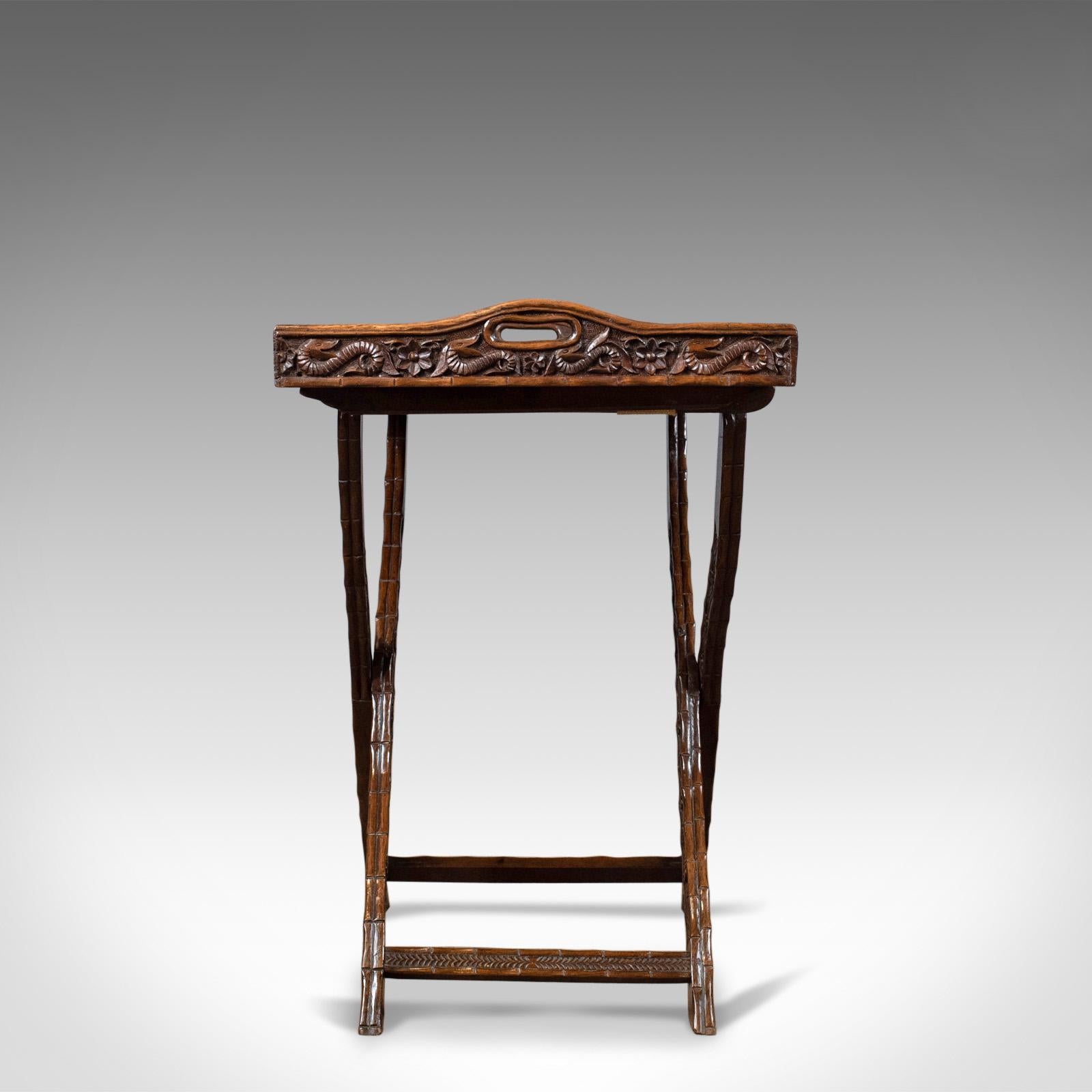 Victorian Antique Butler's Tray Table, Carved, Oriental Teak, Folding Stand, circa 1900