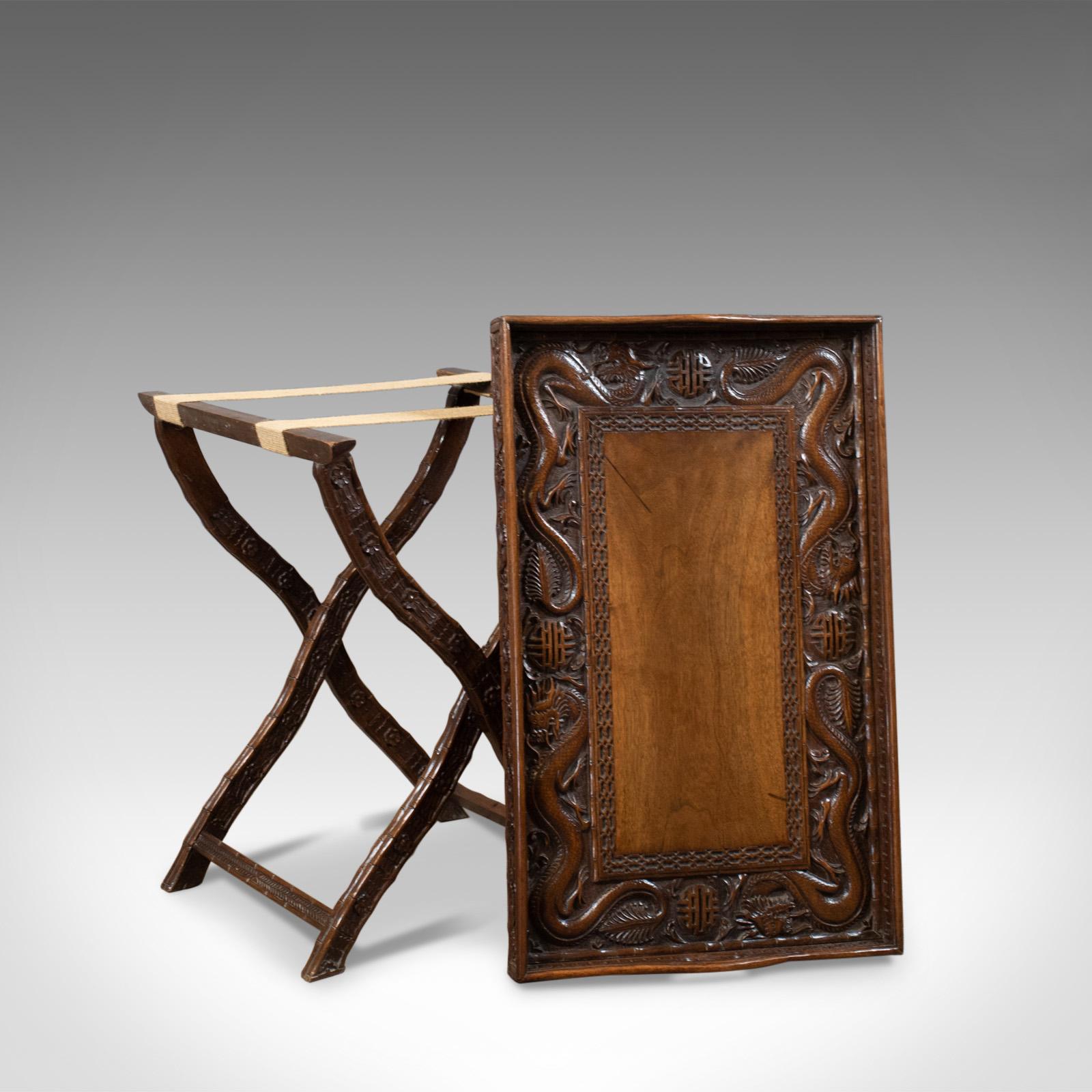 Chinese Antique Butler's Tray Table, Carved, Oriental Teak, Folding Stand, circa 1900