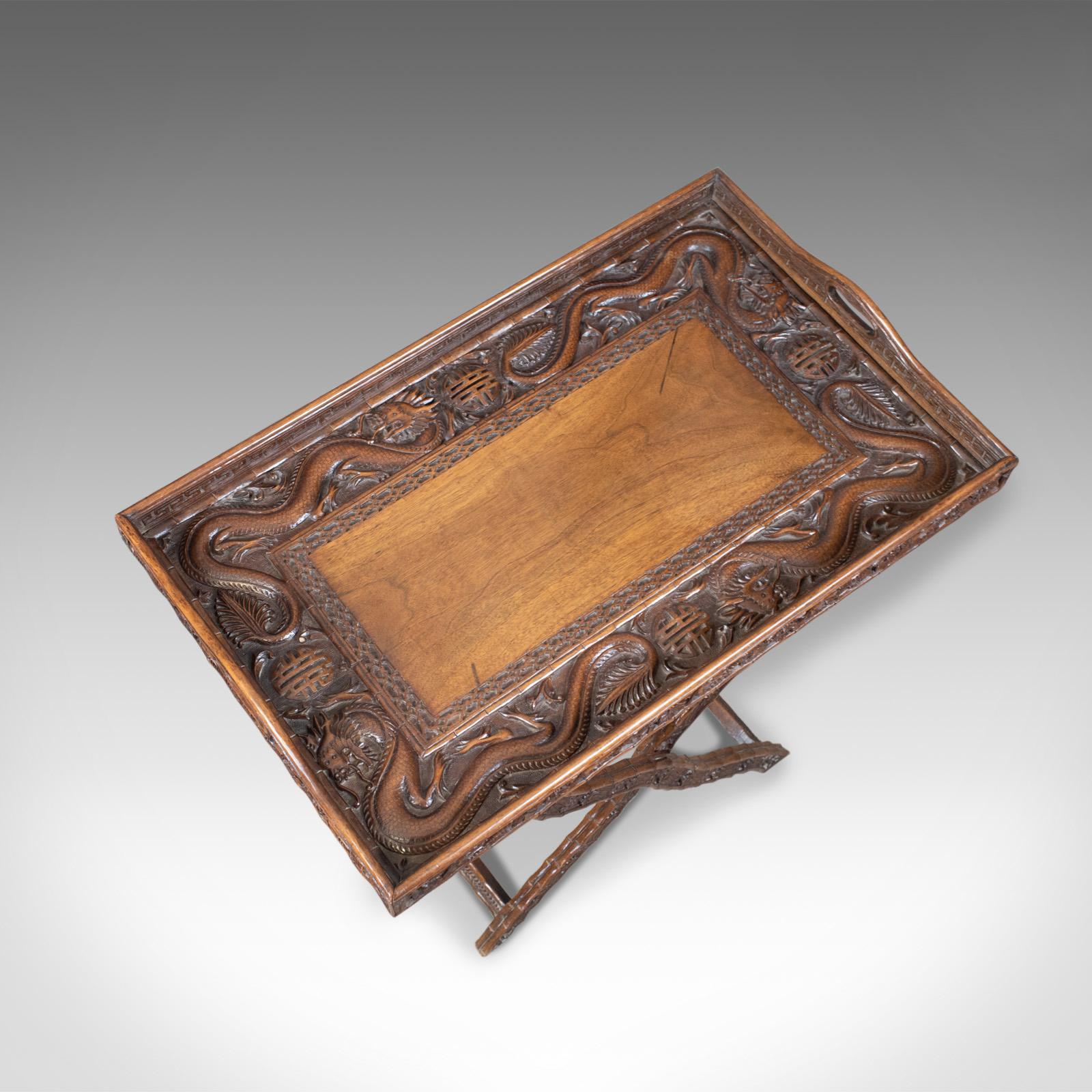 Antique Butler's Tray Table, Carved, Oriental Teak, Folding Stand, circa 1900 In Good Condition In Hele, Devon, GB