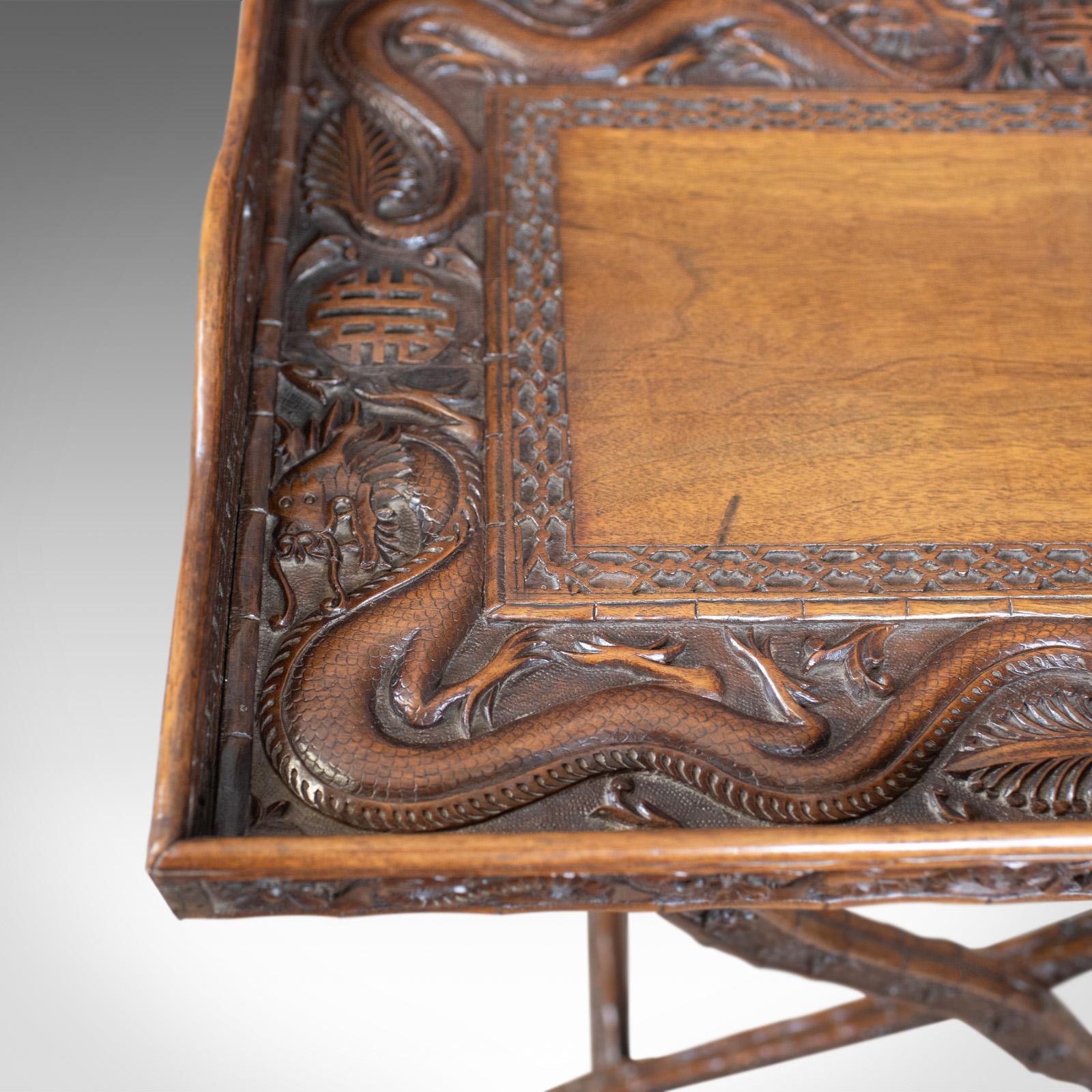 Antique Butler's Tray Table, Carved, Oriental Teak, Folding Stand, circa 1900 1