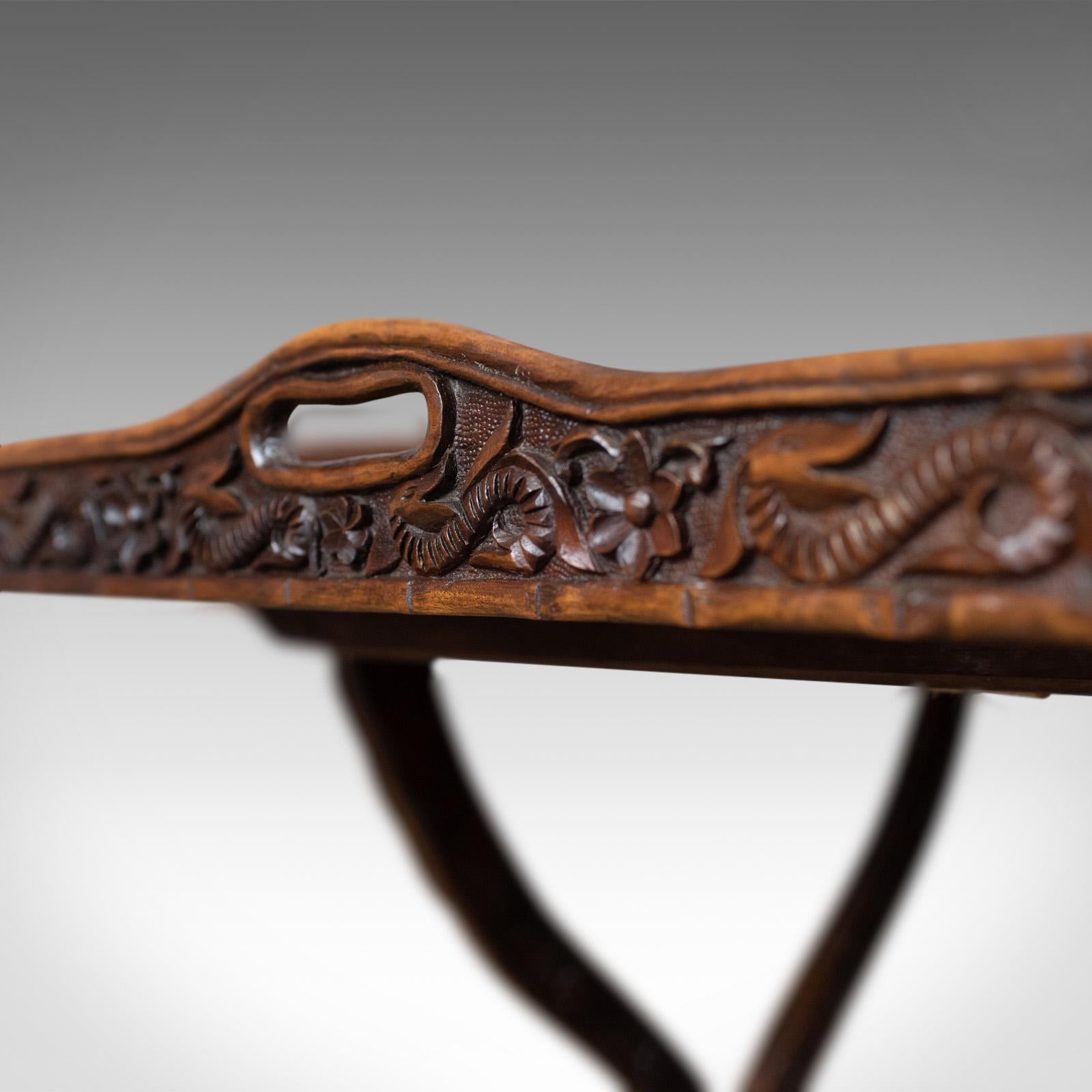 Antique Butler's Tray Table, Carved, Oriental Teak, Folding Stand, circa 1900 2