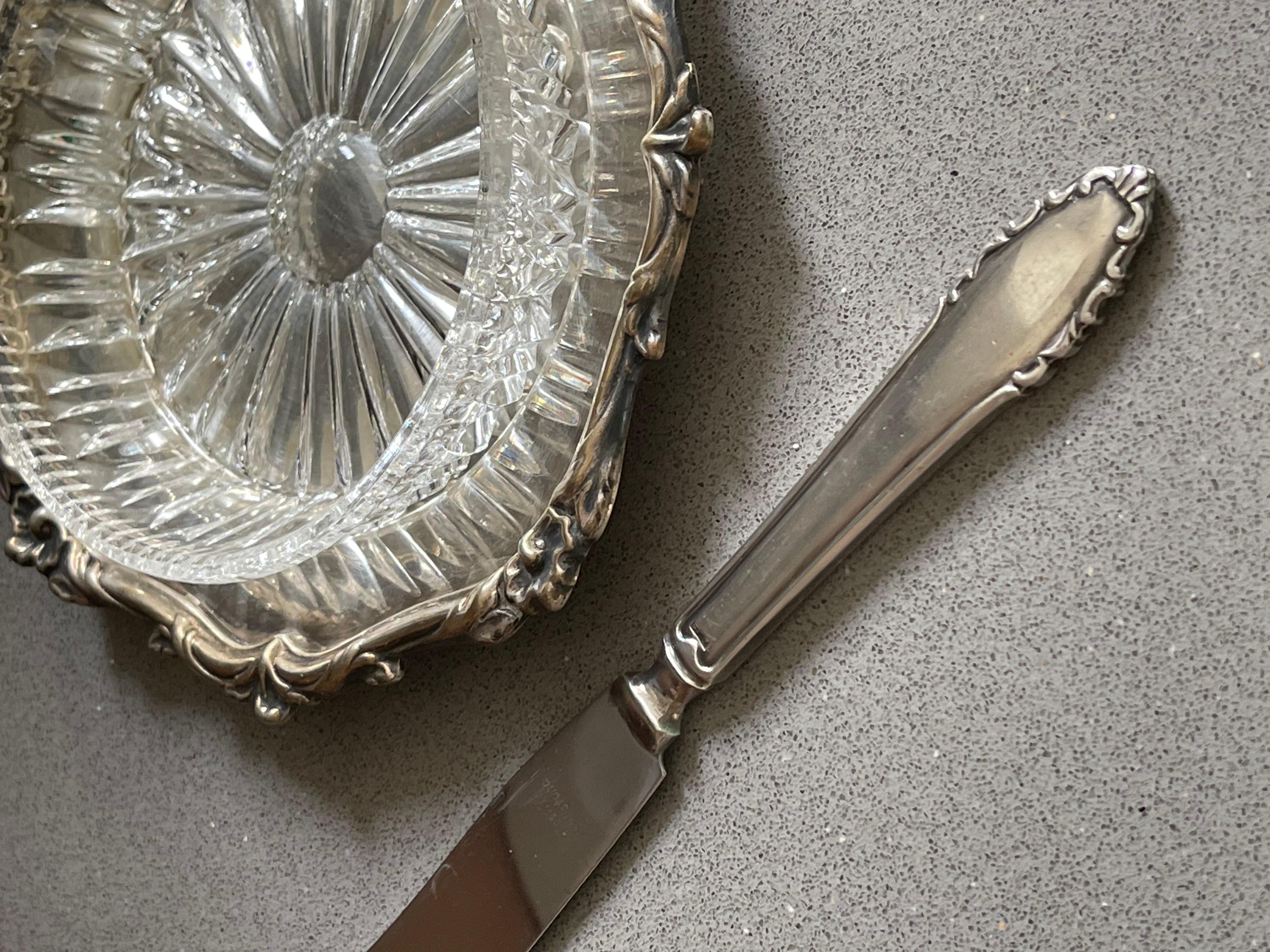 Antiguo Plato y Cuchillo de Mantequilla, Plato de Mantequilla de Cristal de Plata Vajilla Decorativa de Mesa en venta 3
