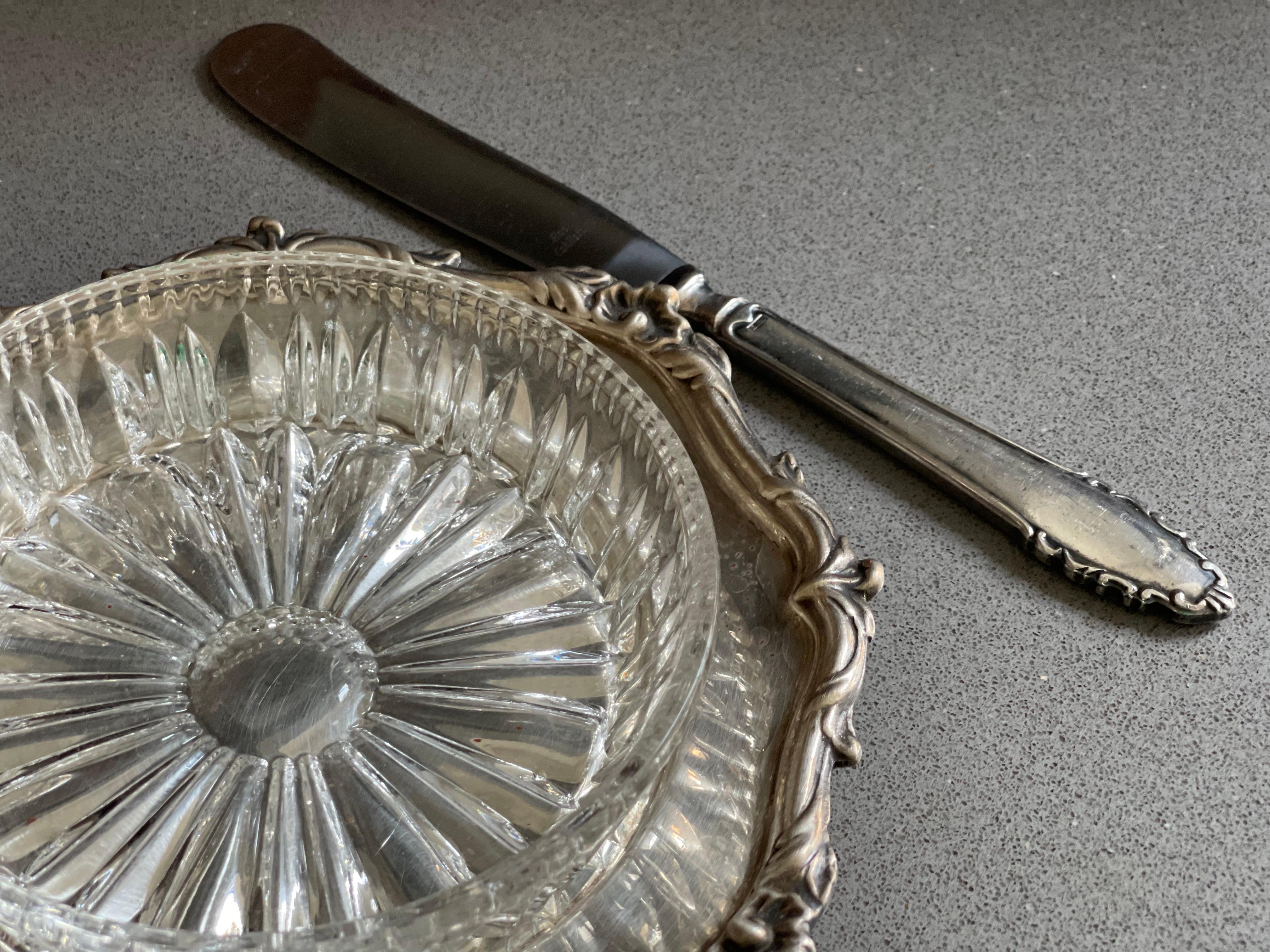 Antiguo Plato y Cuchillo de Mantequilla, Plato de Mantequilla de Cristal de Plata Vajilla Decorativa de Mesa en venta 5