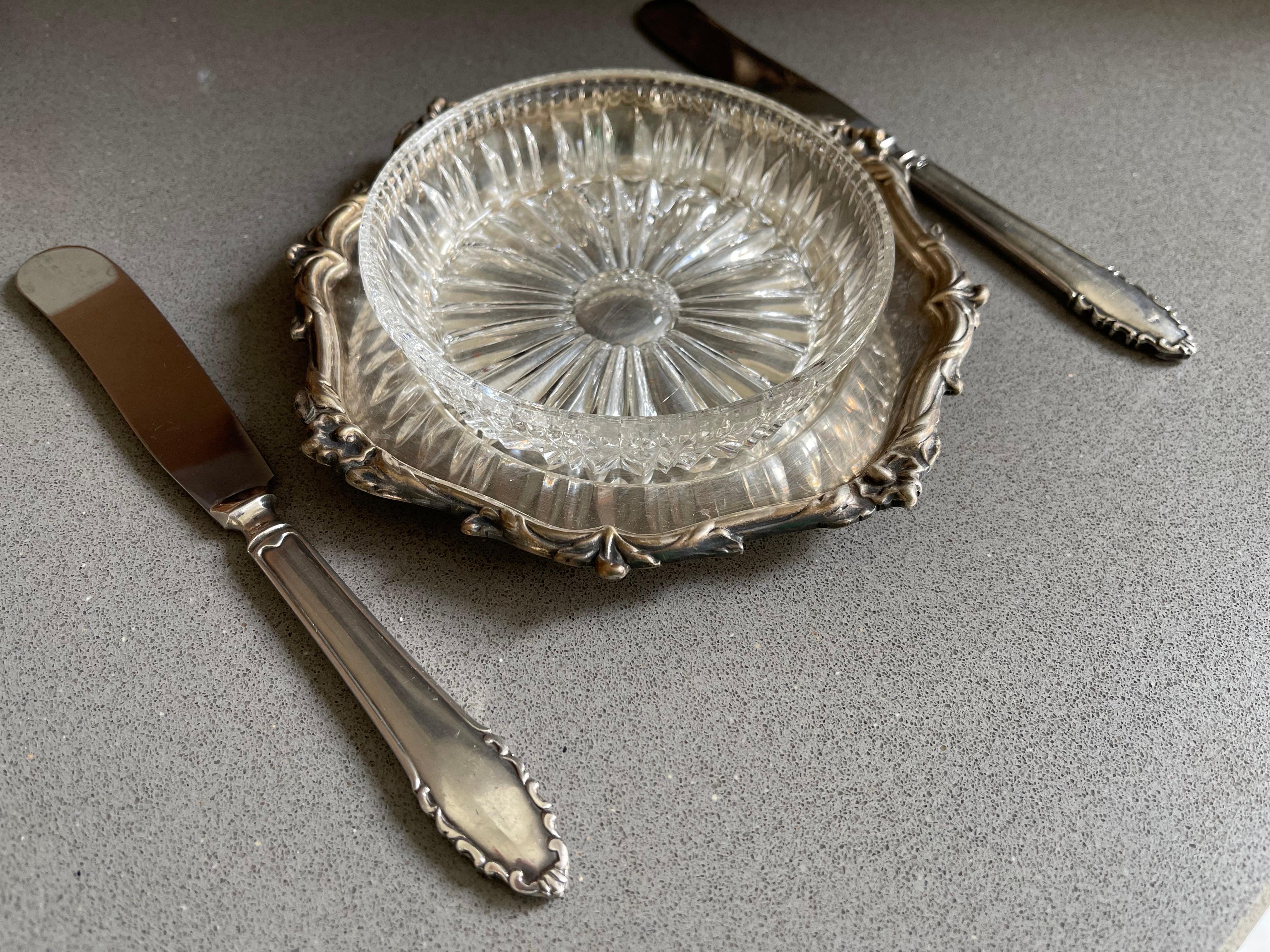 Antiguo Plato y Cuchillo de Mantequilla, Plato de Mantequilla de Cristal de Plata Vajilla Decorativa de Mesa Art Decó en venta