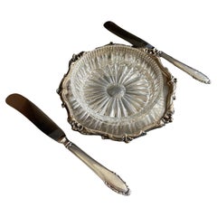 Antike Butterschale und Messer, Silberkristall-Butterschale, Deko-Tischware