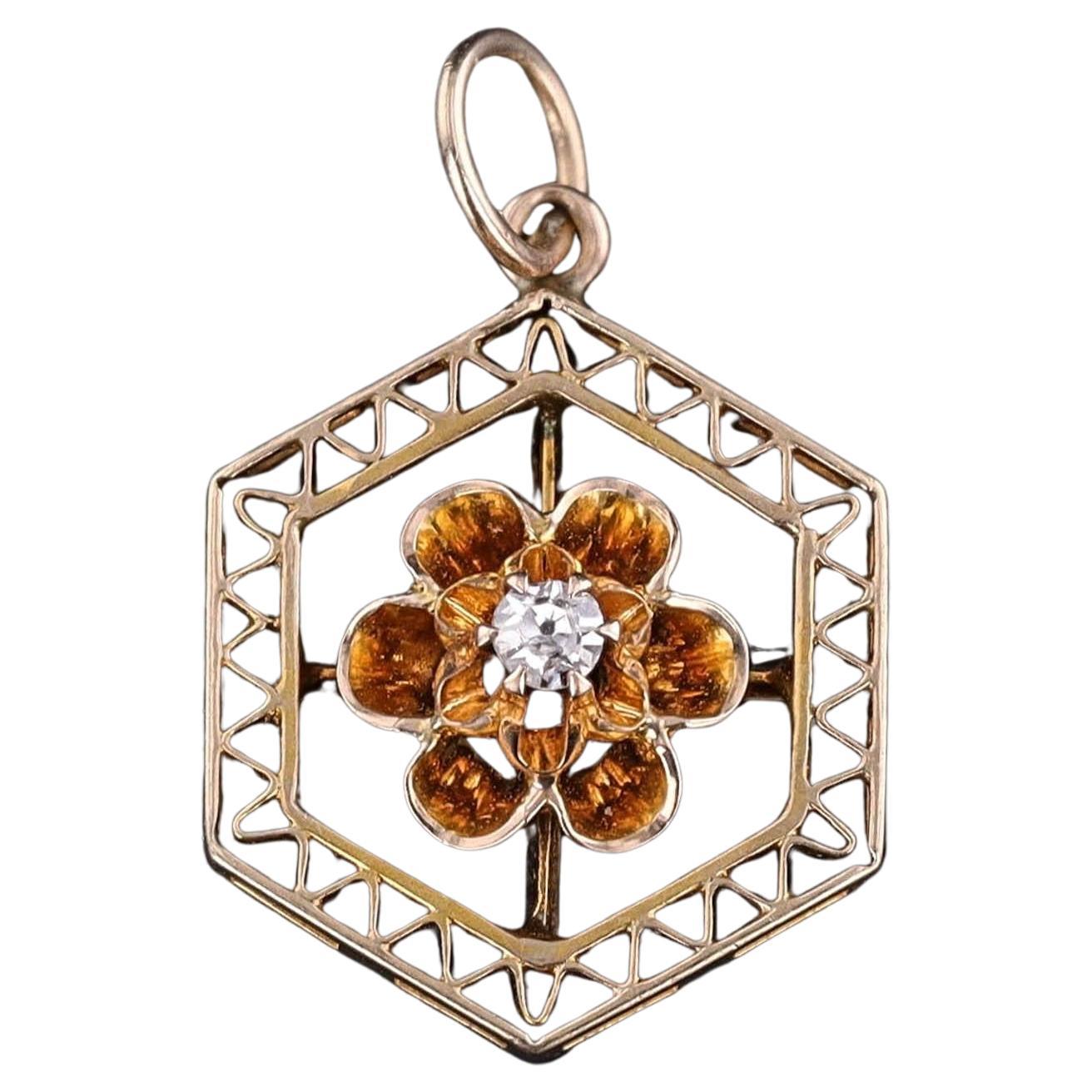 Antique Buttercup Diamond Flower Pendant of 10k Gold For Sale