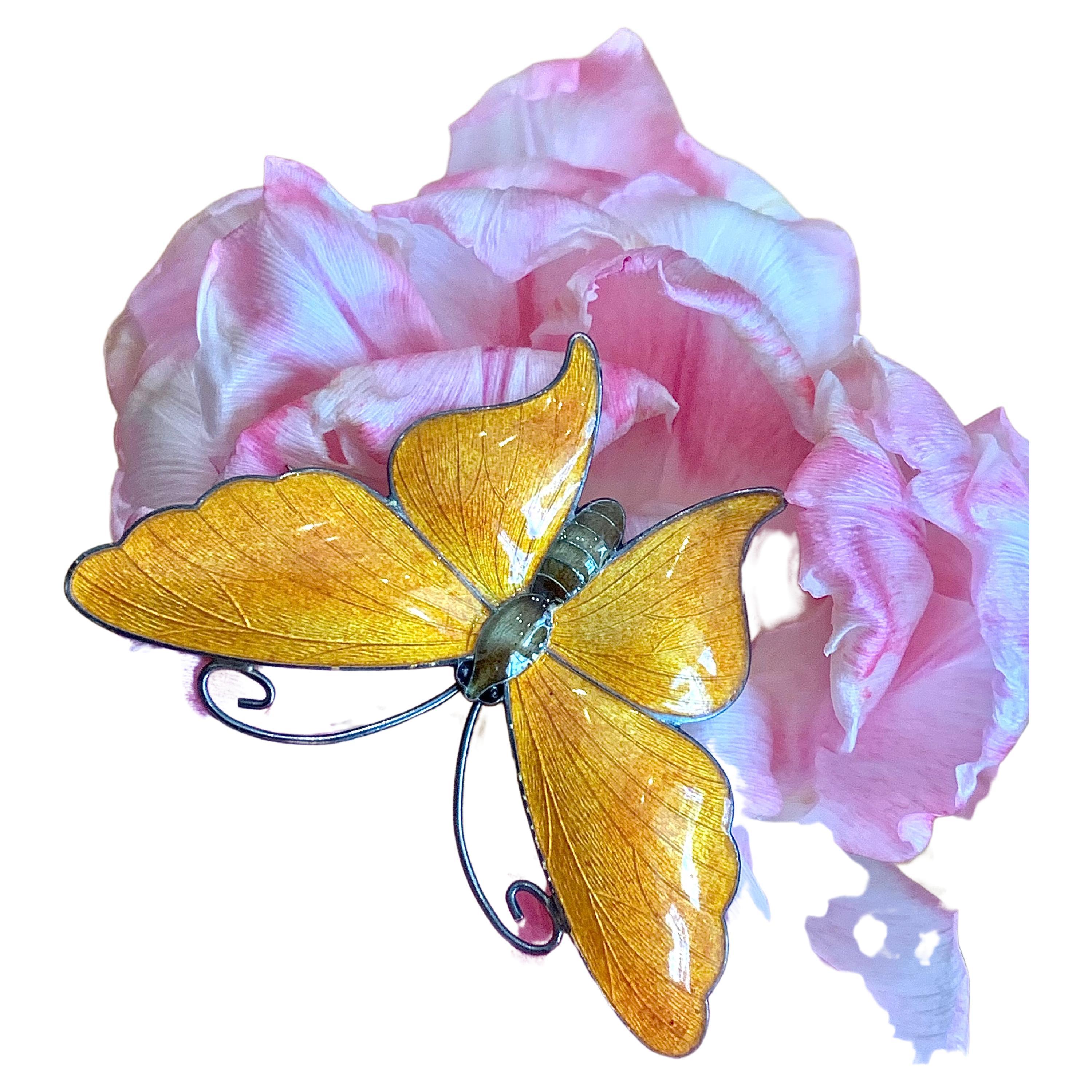 Antique Butterfly Brooch David Anderson Norway Sterling Silver Guilloché Enamel For Sale