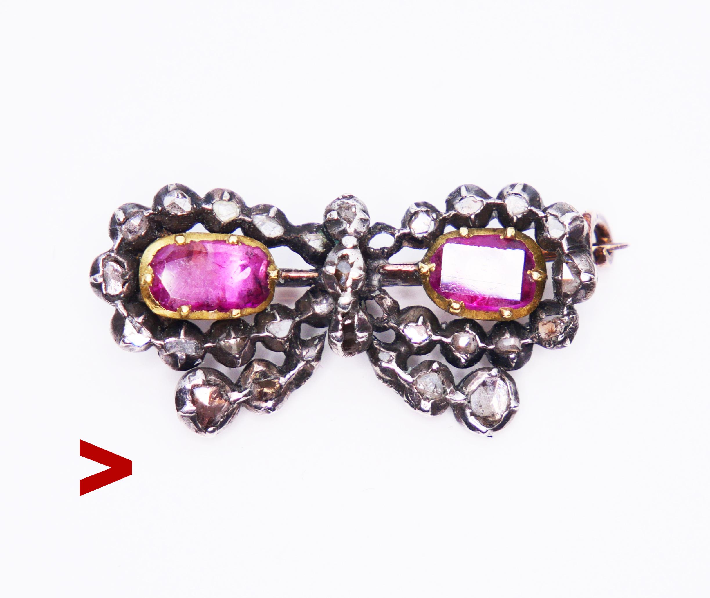 Old European Butterfly brooch dating from ca. 18th century with 2 natural Rubies and 29 sparkling rose cut Diamonds set in Silver , 10K Rose and Green Gold.

One Ruby is of old table cut 7 mm x 5 mm / ca. 1 ct , second Ruby is of sort of