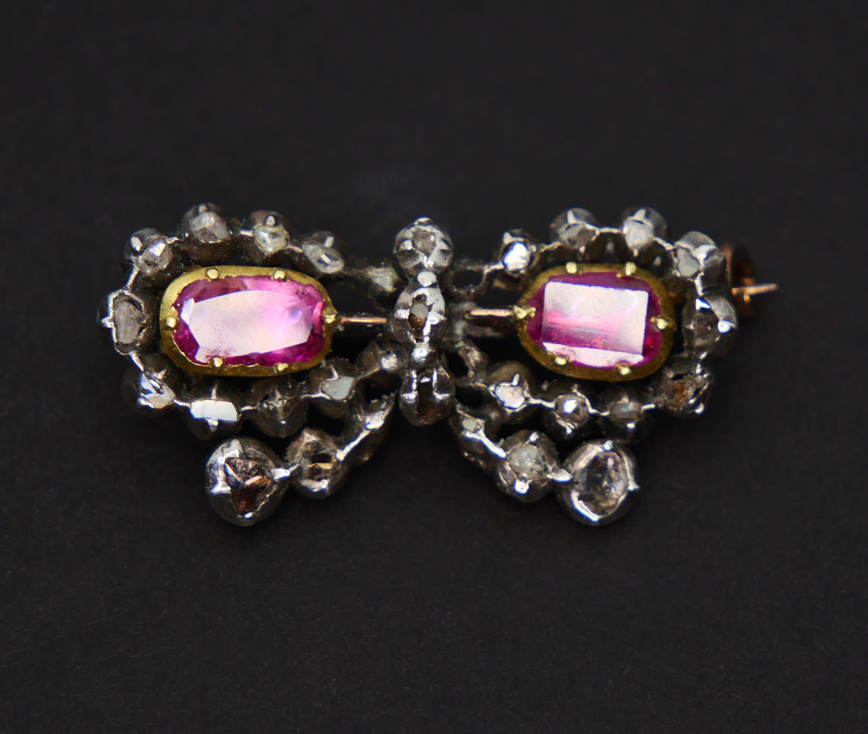 Néo-Renaissance Broche papillon ancienne 2 carats rubis 1,5 carat diamant or 10 carats argent 3,9 g en vente