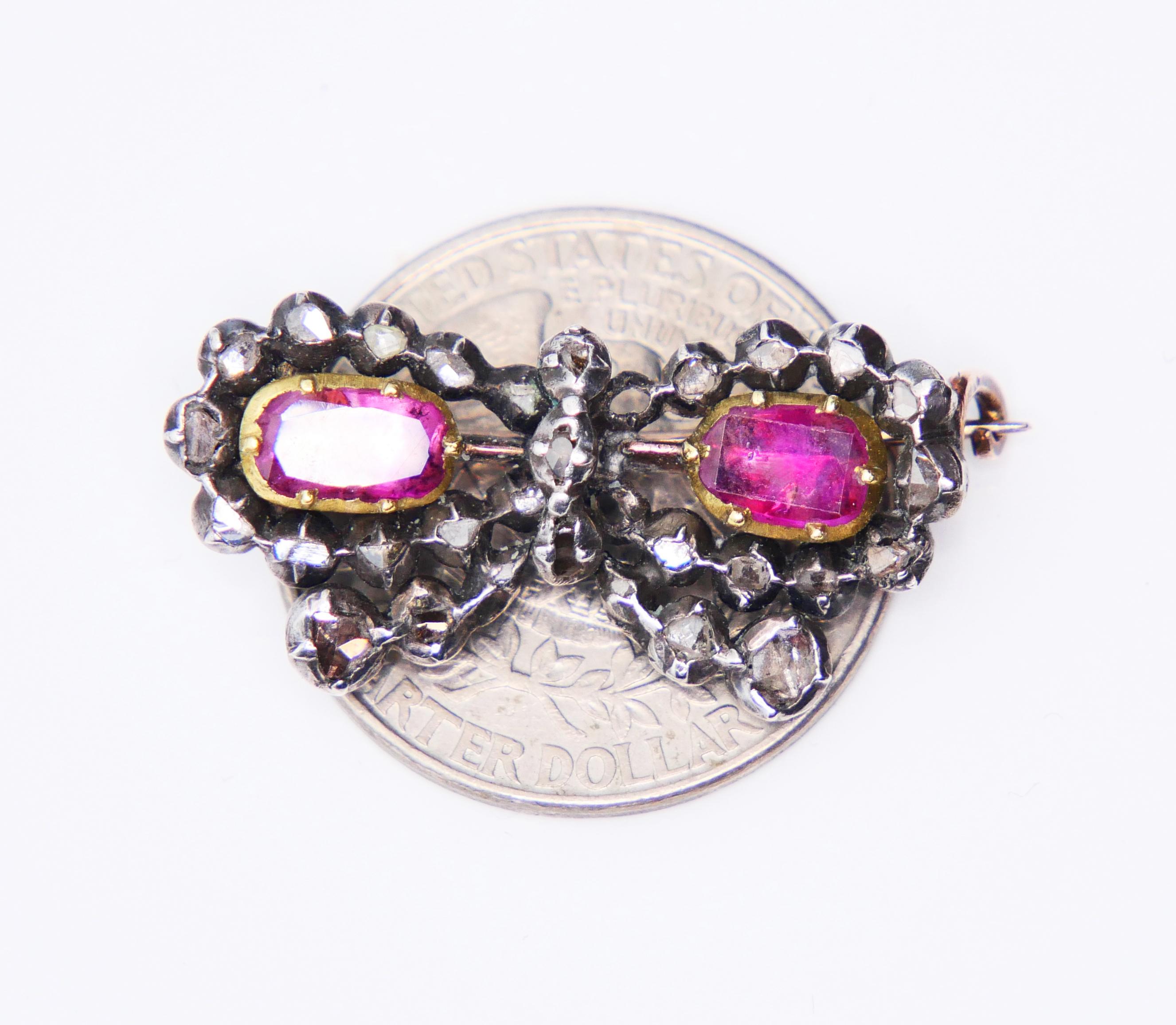 Broche papillon ancienne 2 carats rubis 1,5 carat diamant or 10 carats argent 3,9 g en vente 3