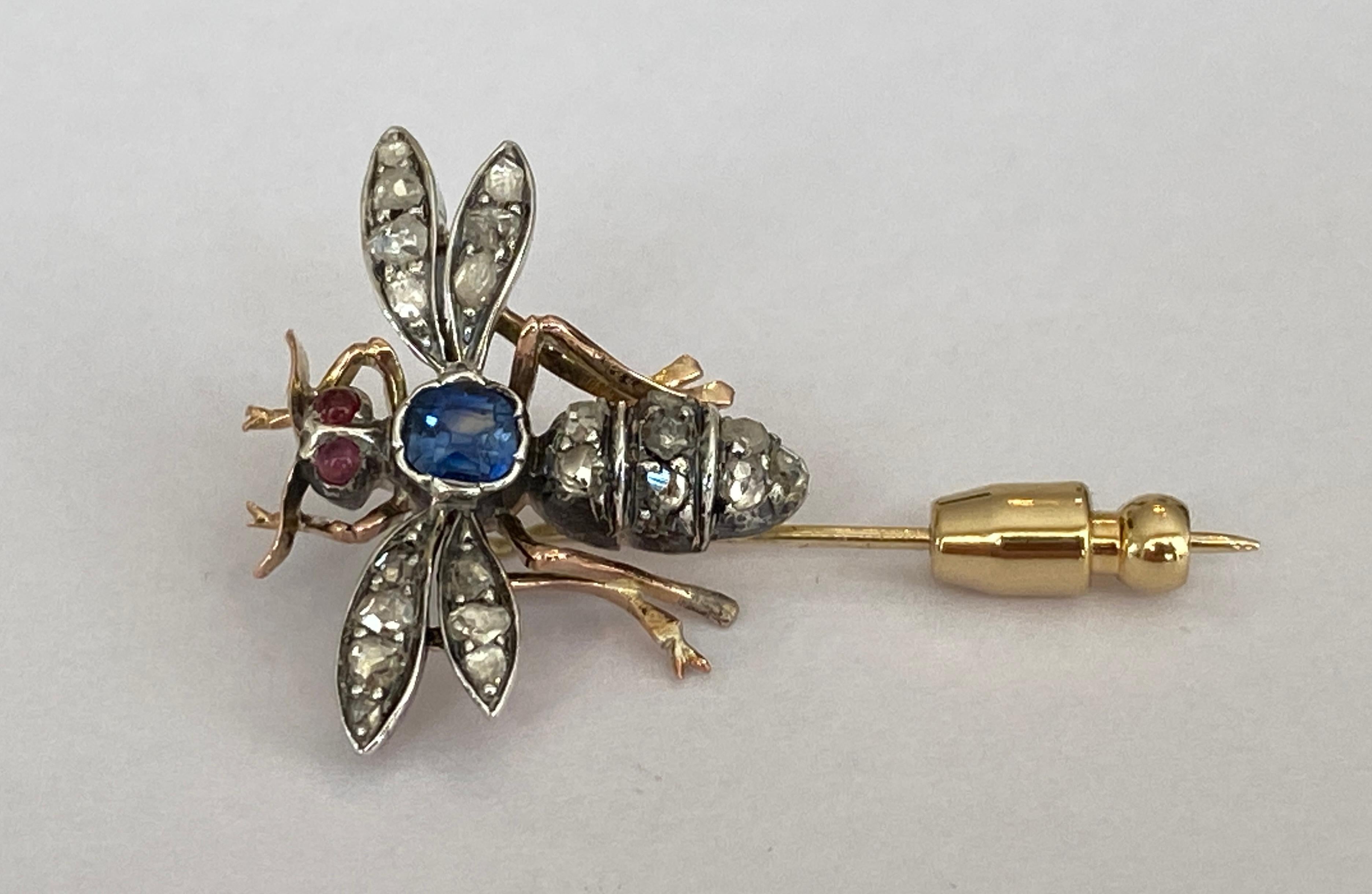 Edwardian  Antique butterfly gold /silver brooch with sapphire, rose diamonds and ruby For Sale