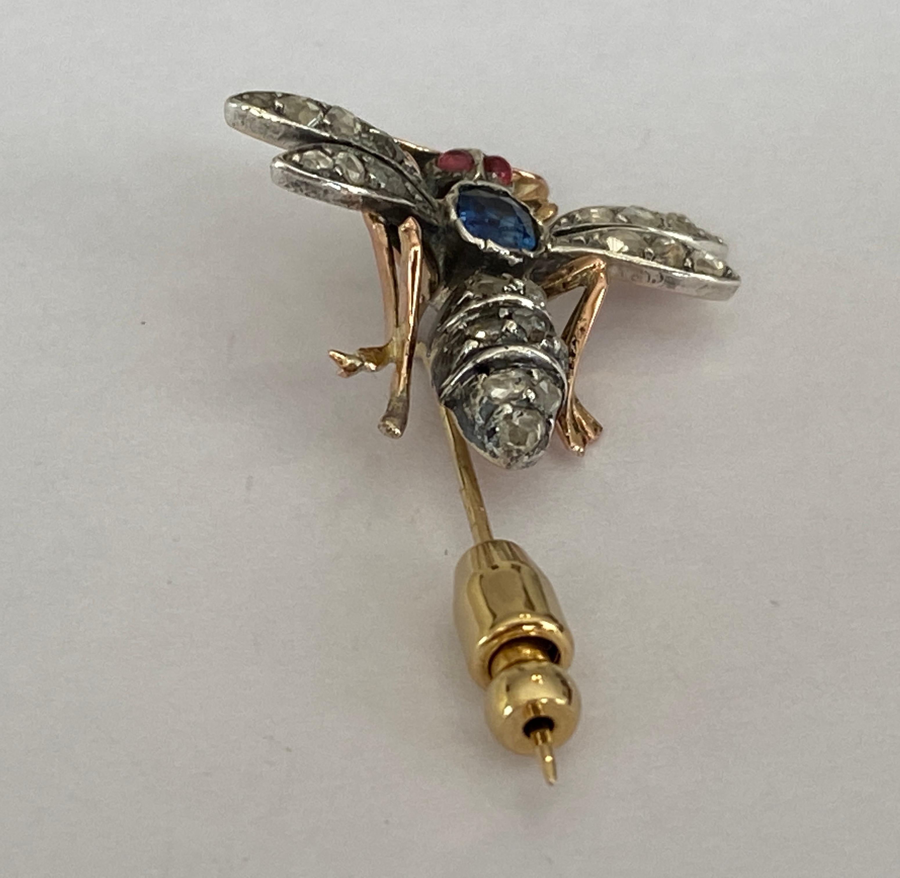  Antique butterfly gold /silver brooch with sapphire, rose diamonds and ruby For Sale 1