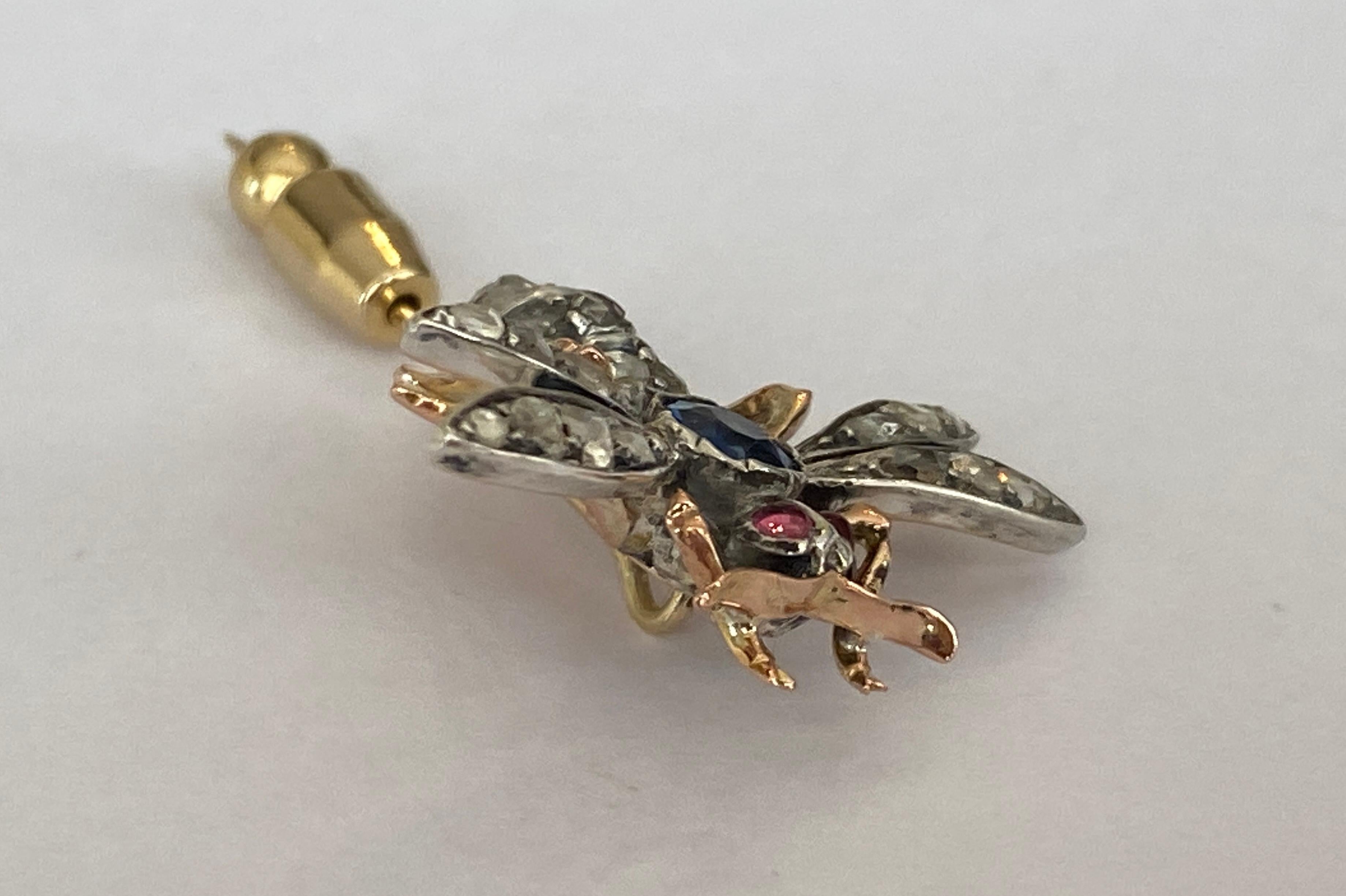  Antique butterfly gold /silver brooch with sapphire, rose diamonds and ruby For Sale 2