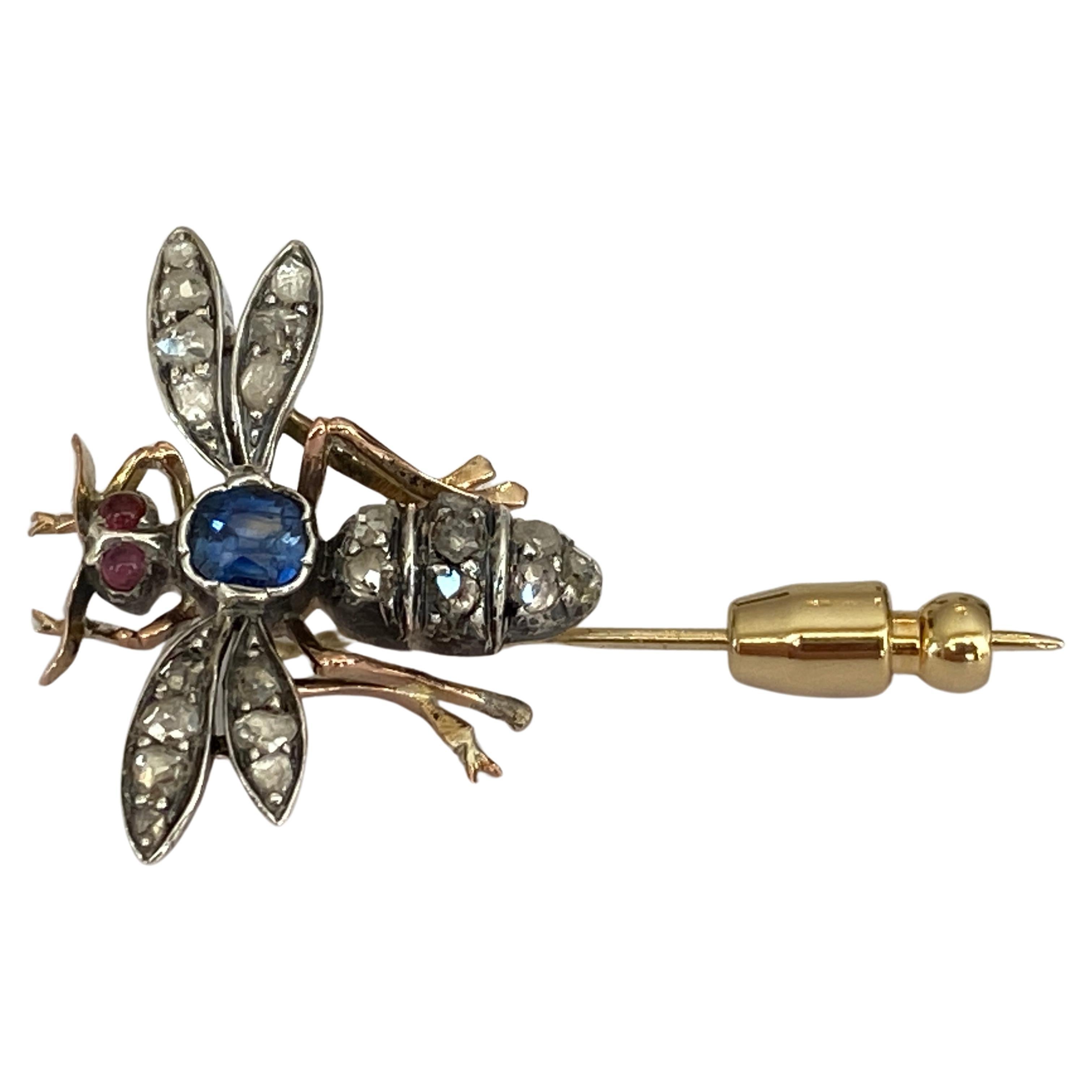  Antique butterfly gold /silver brooch with sapphire, rose diamonds and ruby For Sale