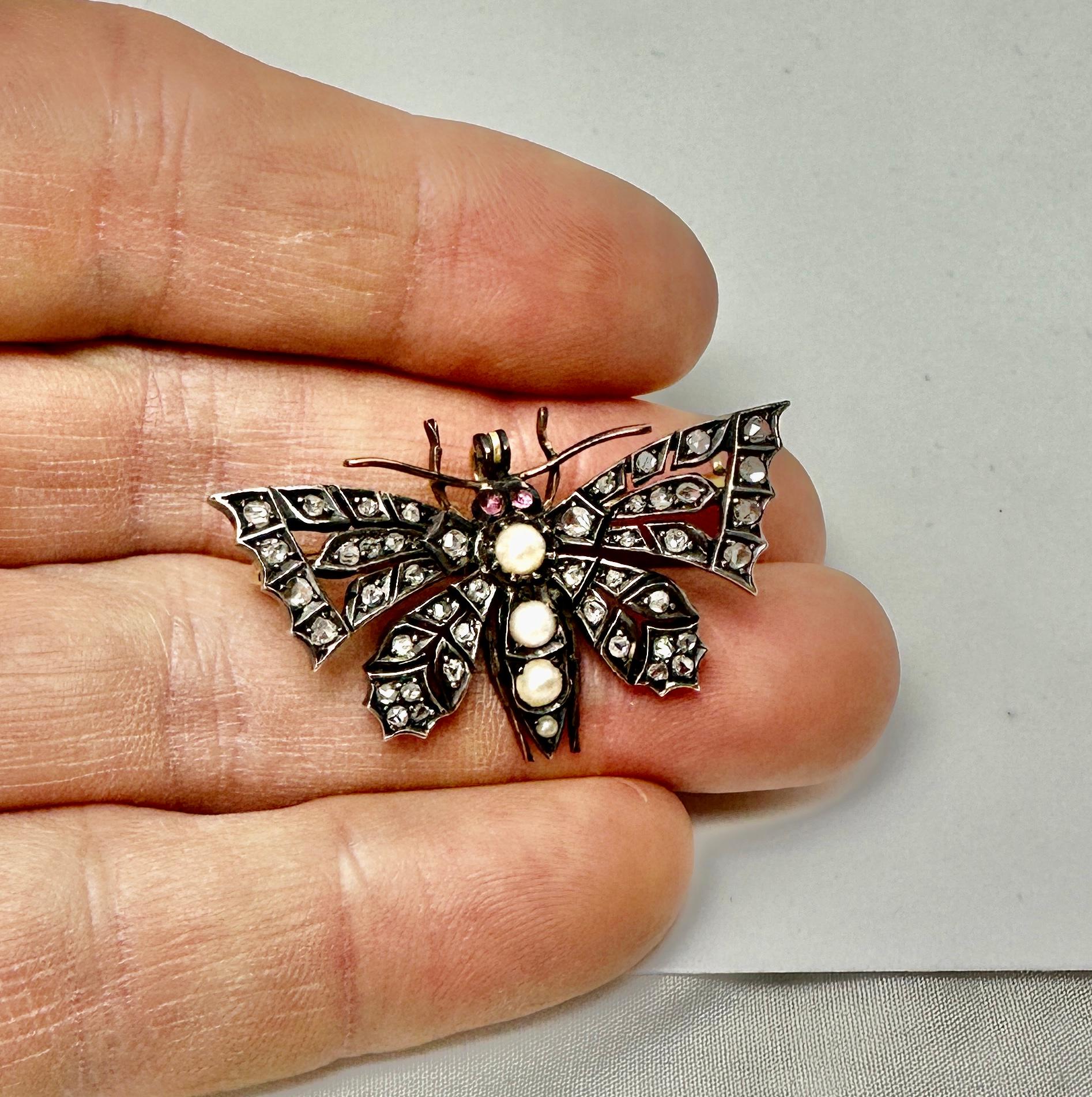 Antique Butterfly Rose Cut Diamond Ruby Pearl Pendant Brooch Necklace Victorian For Sale 5