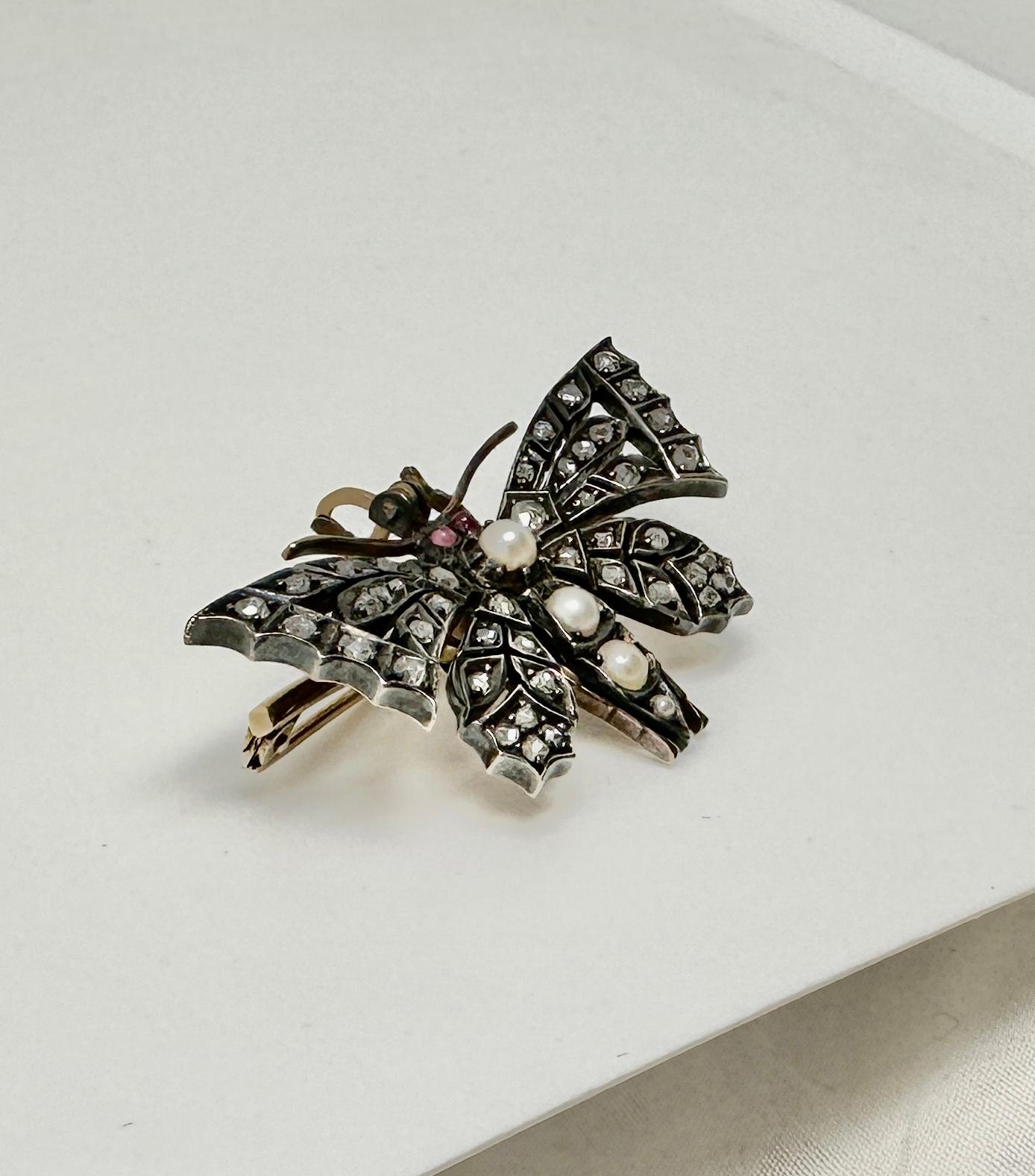 Antiguo collar mariposa diamante talla rosa rubí perla colgante broche victoriano en venta 7