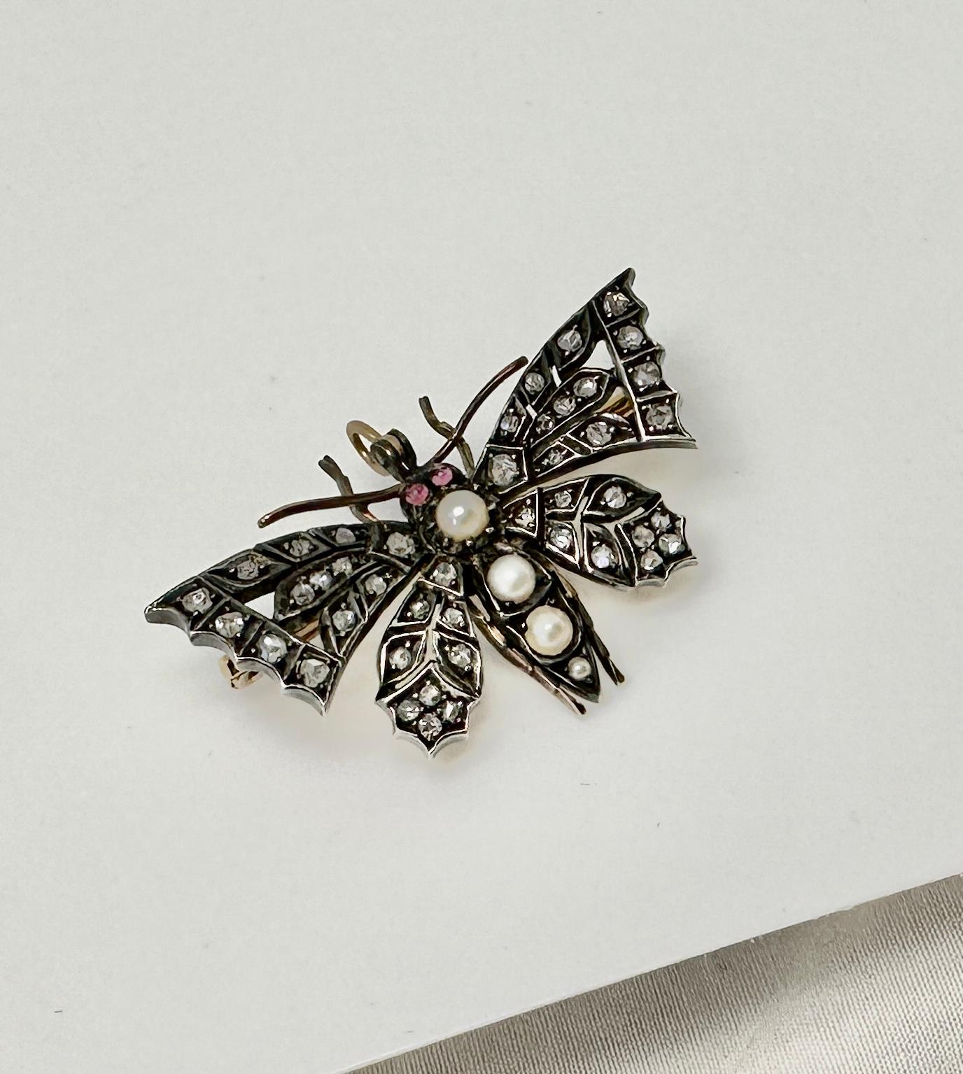 Antique Butterfly Rose Cut Diamond Ruby Pearl Pendant Brooch Necklace Victorian For Sale 7