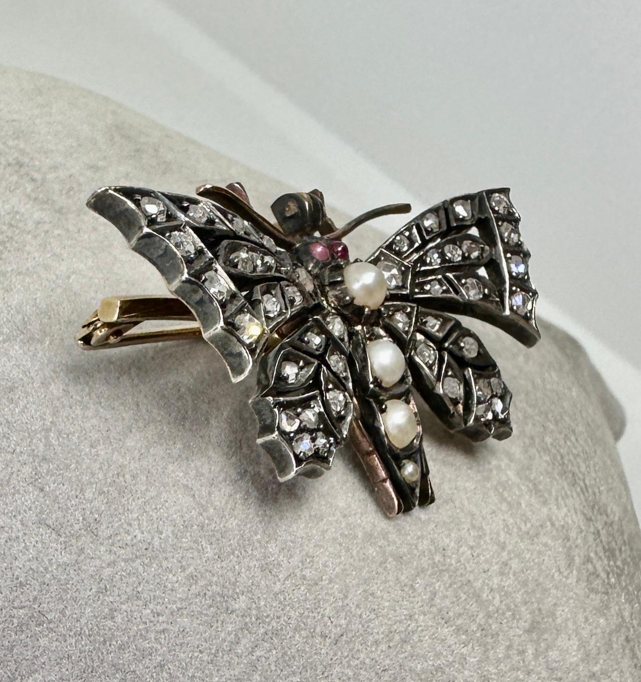 Antique Butterfly Rose Cut Diamond Ruby Pearl Pendant Brooch Necklace Victorian For Sale 9