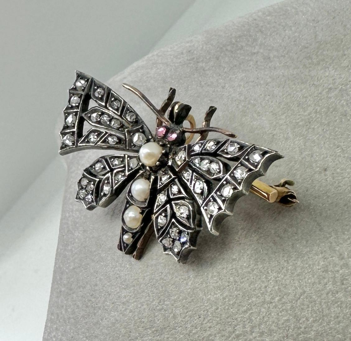 Antique Butterfly Rose Cut Diamond Ruby Pearl Pendant Brooch Necklace Victorian For Sale 10