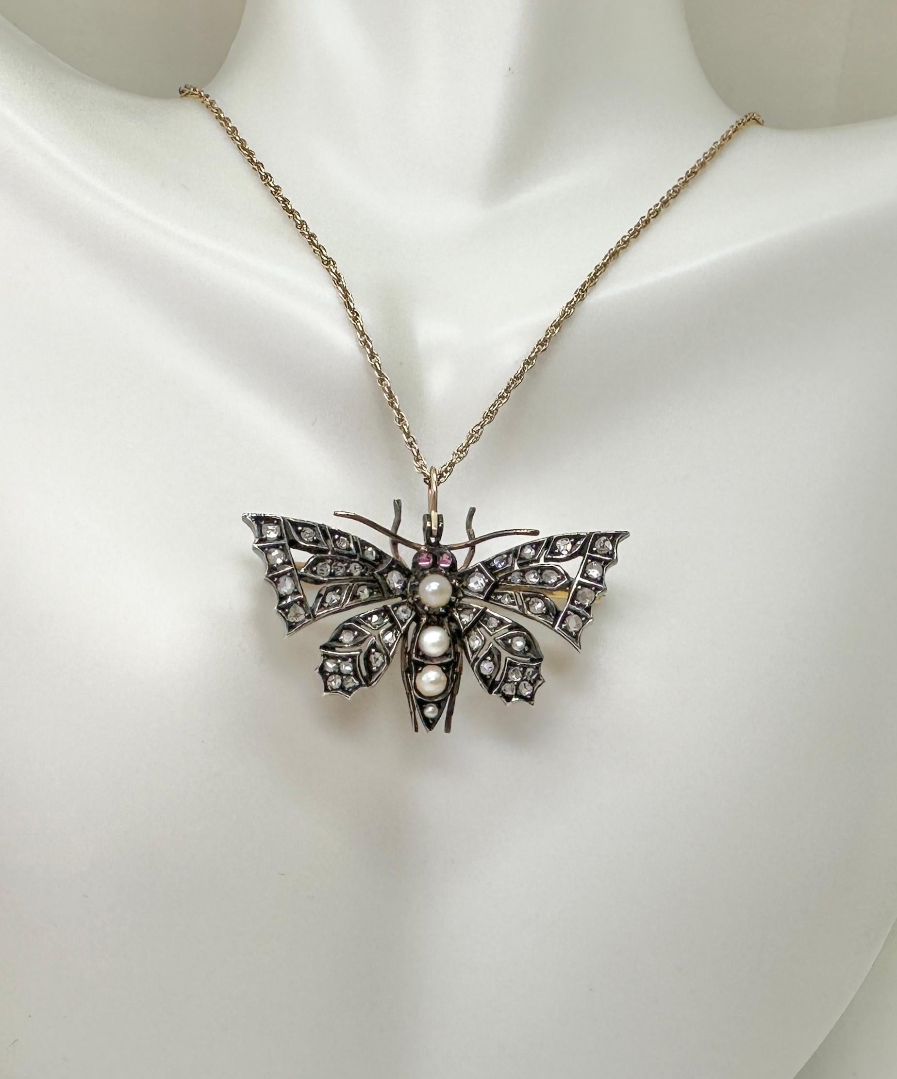 Antiguo collar mariposa diamante talla rosa rubí perla colgante broche victoriano Corte rosa en venta
